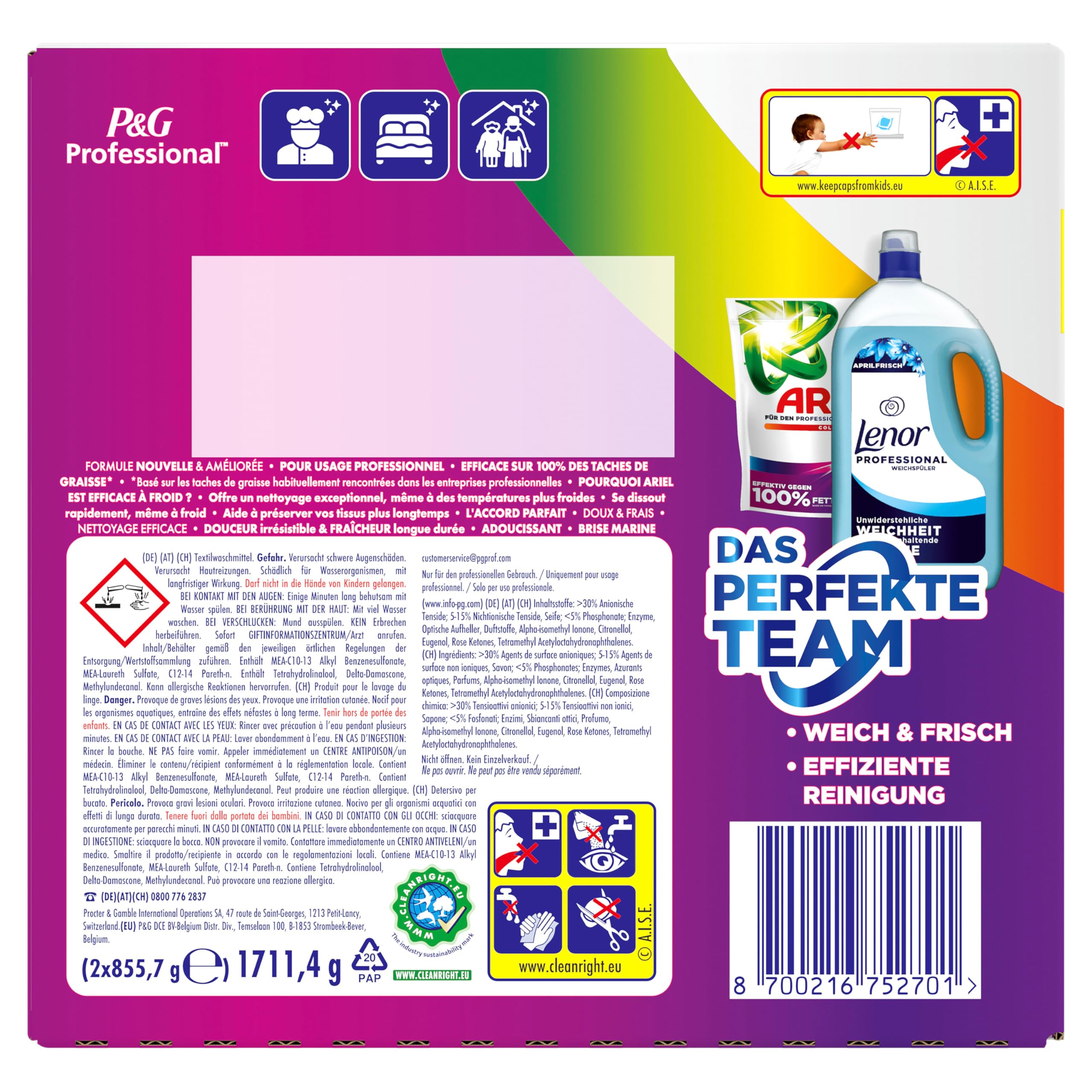 Ariel Professional All-in-1-Pods Waschkapseln Color+, bekämpft alle Arten von Fettflecken, für den professionellen Gebrauch