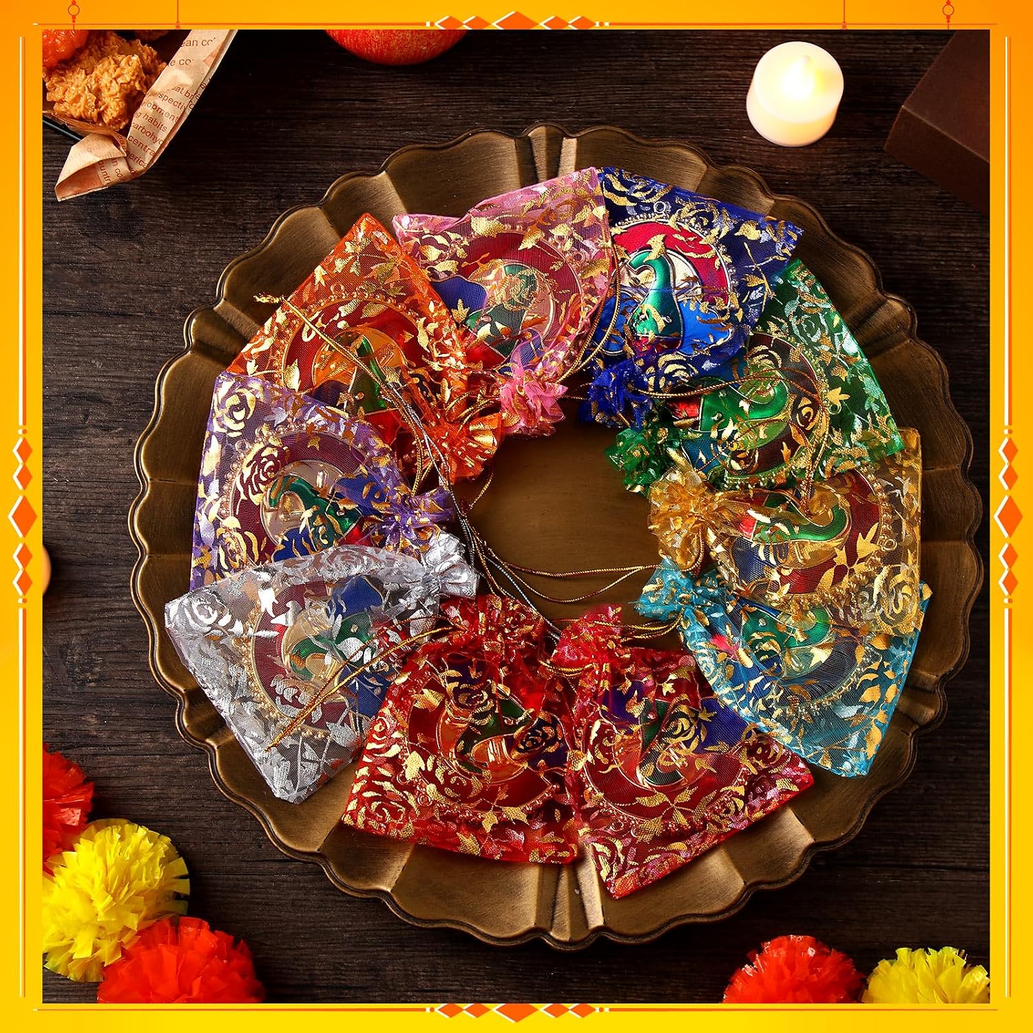 Cinnvoice 10 Pcs Ganesha Haldi Kumkum Holders Pooja Return Gifts Bulk Roli Chawal/rice Packets for Ladies Indian Diwali Pooja Wedding Housewarming Return Gift