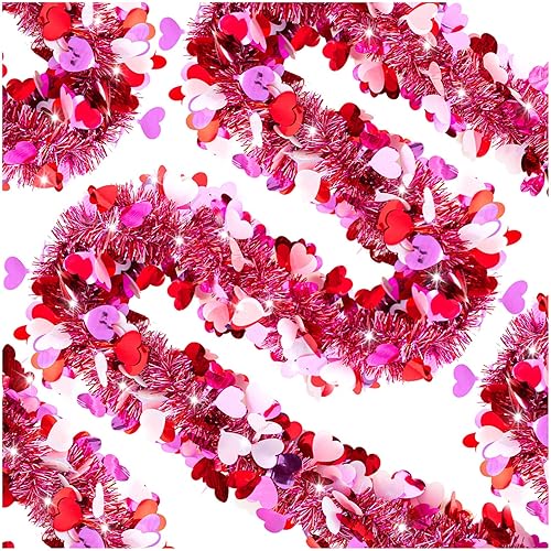 Miniatura 1 de 6 guirnaldas metálicas con flecos de corazón para el día de San Valentín, oropel de 39.4 pies, material de PET, rojo, rosa, blanco para fiesta de