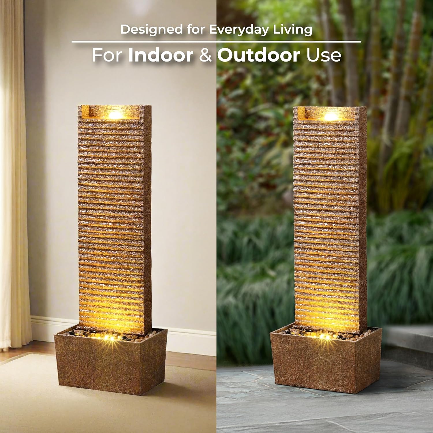 Teamson Home Ridged Texture Outdoor Water Fountain–Warm Glow Lighting with Built-in Electric Pump & Simple Setup, Brown