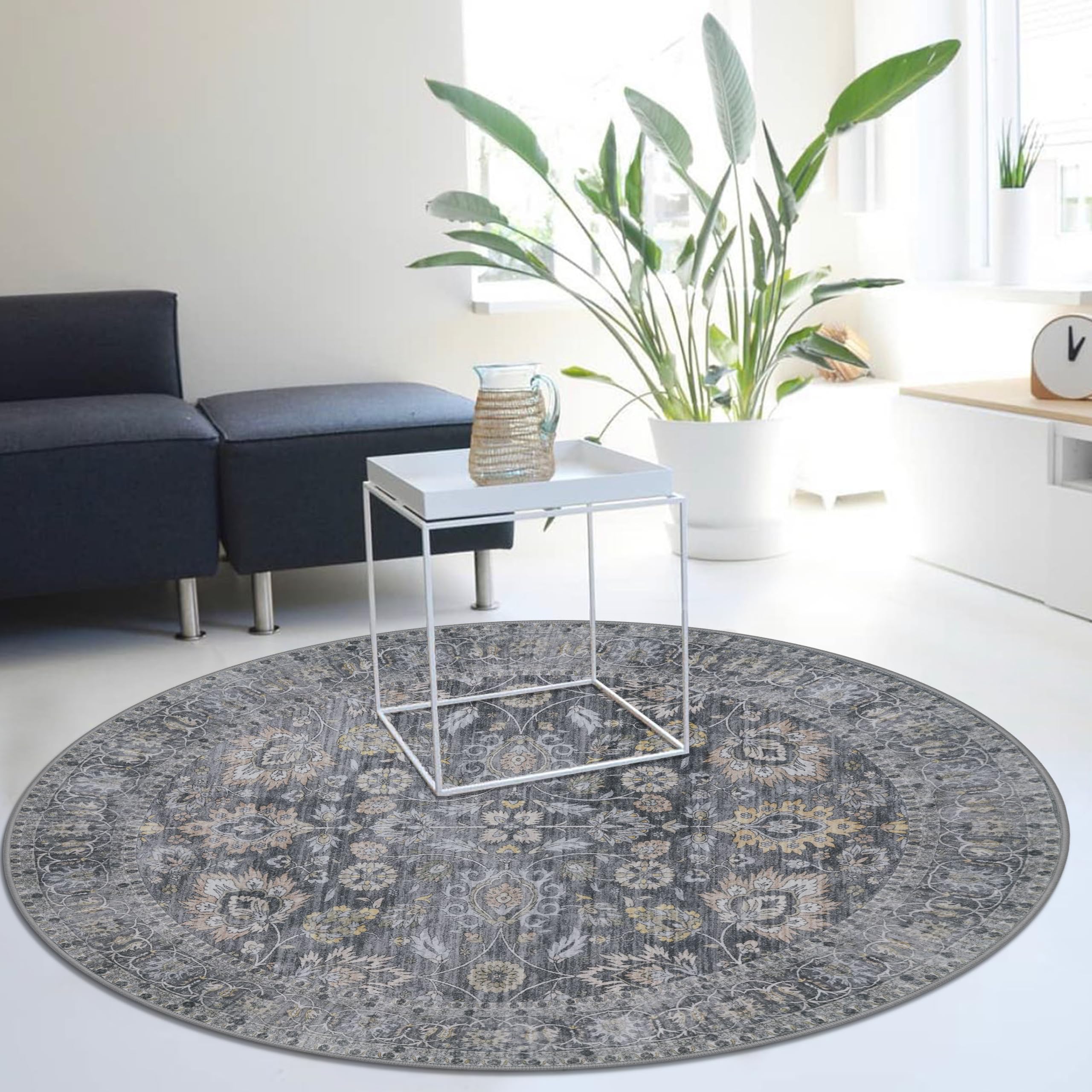 KOZYFLY Vintage Round Washable Rug 5Ft Grey Floral — image 1
