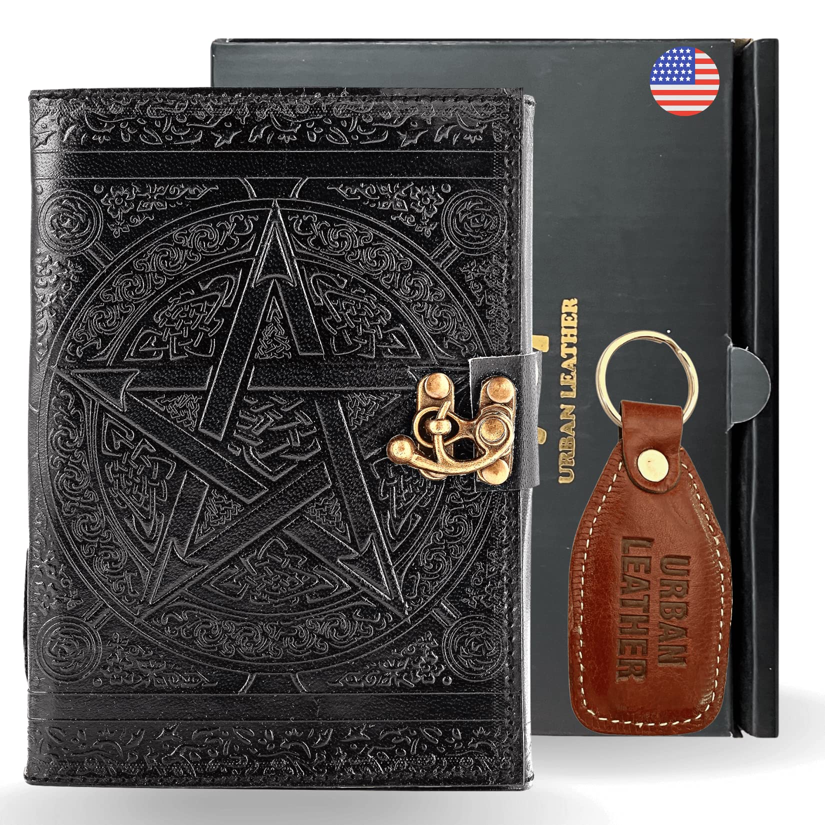 Urban Leather Pentagram Star Black Book of Shadows Journal Writing Notebook with Parchment Paper Wicca Grimoire Prop Diary for Men Women to Write in, Blank Vintage Deckle Edge Medieval Unlined Pages