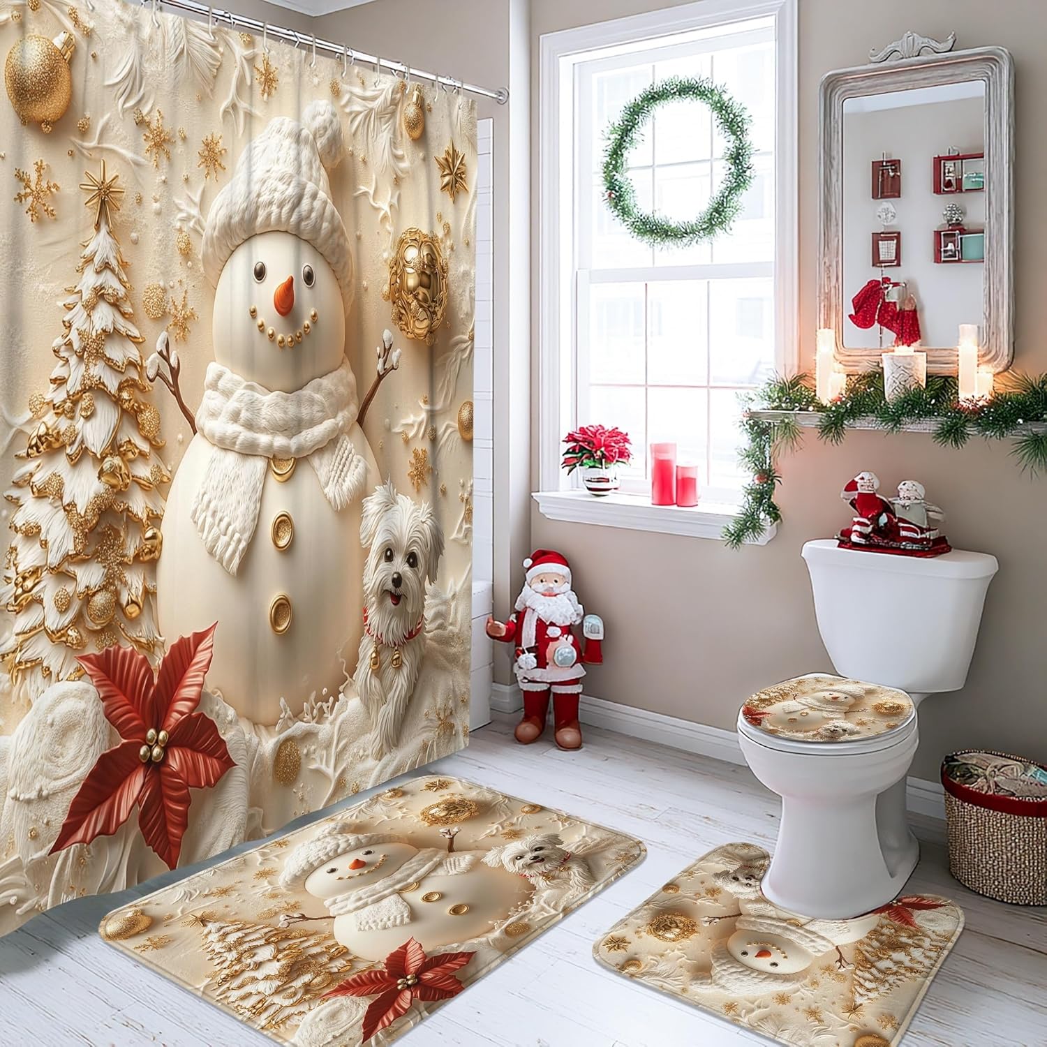 4PCS Relief Christmas Yorkie Dog Bathroom Sets, Bath with Non-Slip Rug, U Shape Toilet Lid Cover Mat, Snowman Xmas Puppy Pet Bathroom Decor-72''x72''