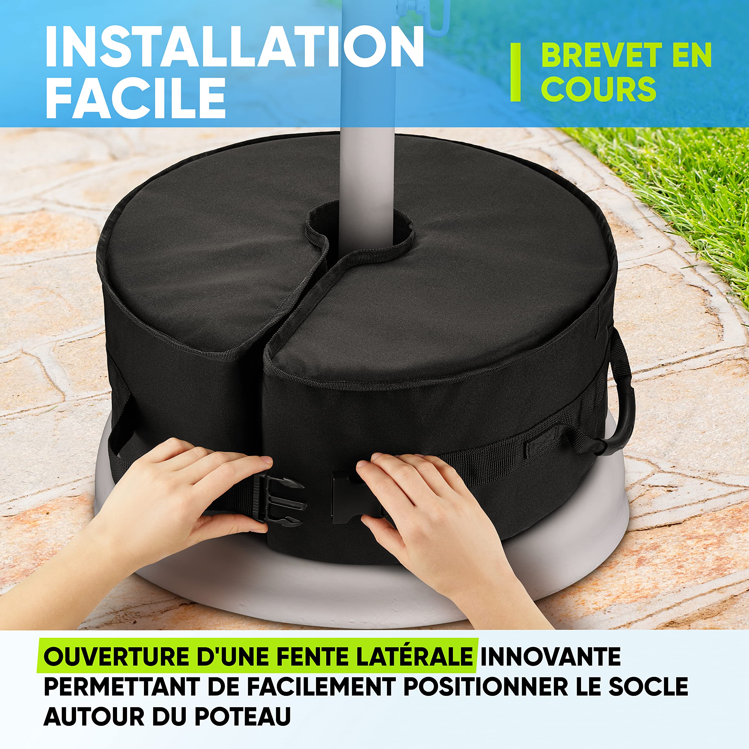 Rhino Base de parasol ronde avec ouverture latérale, 45,7 cm ~ S'adapte à tout support de parasol déporté et tout support de parasol d'extérieur ~ Facile à installer (Noir)