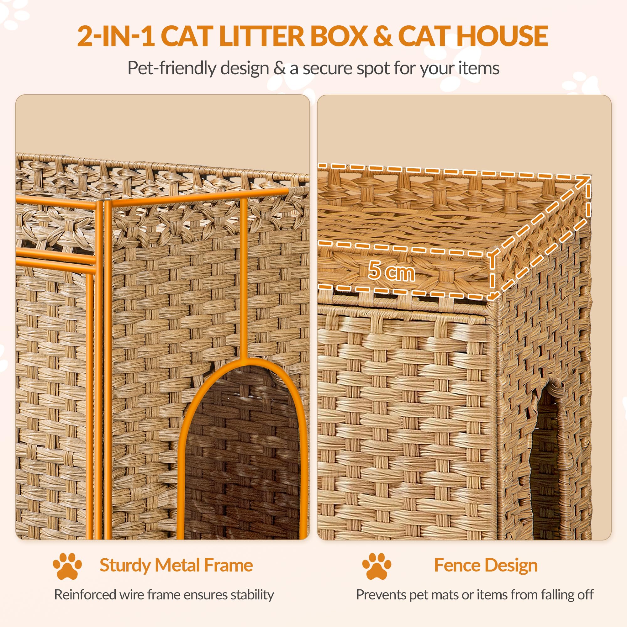 Katzenklo Schrank, Handgewebtes Rattan Katzenhaus, Natur | Katzenschrank Möbel mit Matte und Zaun, Katzenklo Versteckt in Möbeloptik mit 2 S-Haken, Wohn, 77 x 46,5 x 55 cm FPCB001RN1