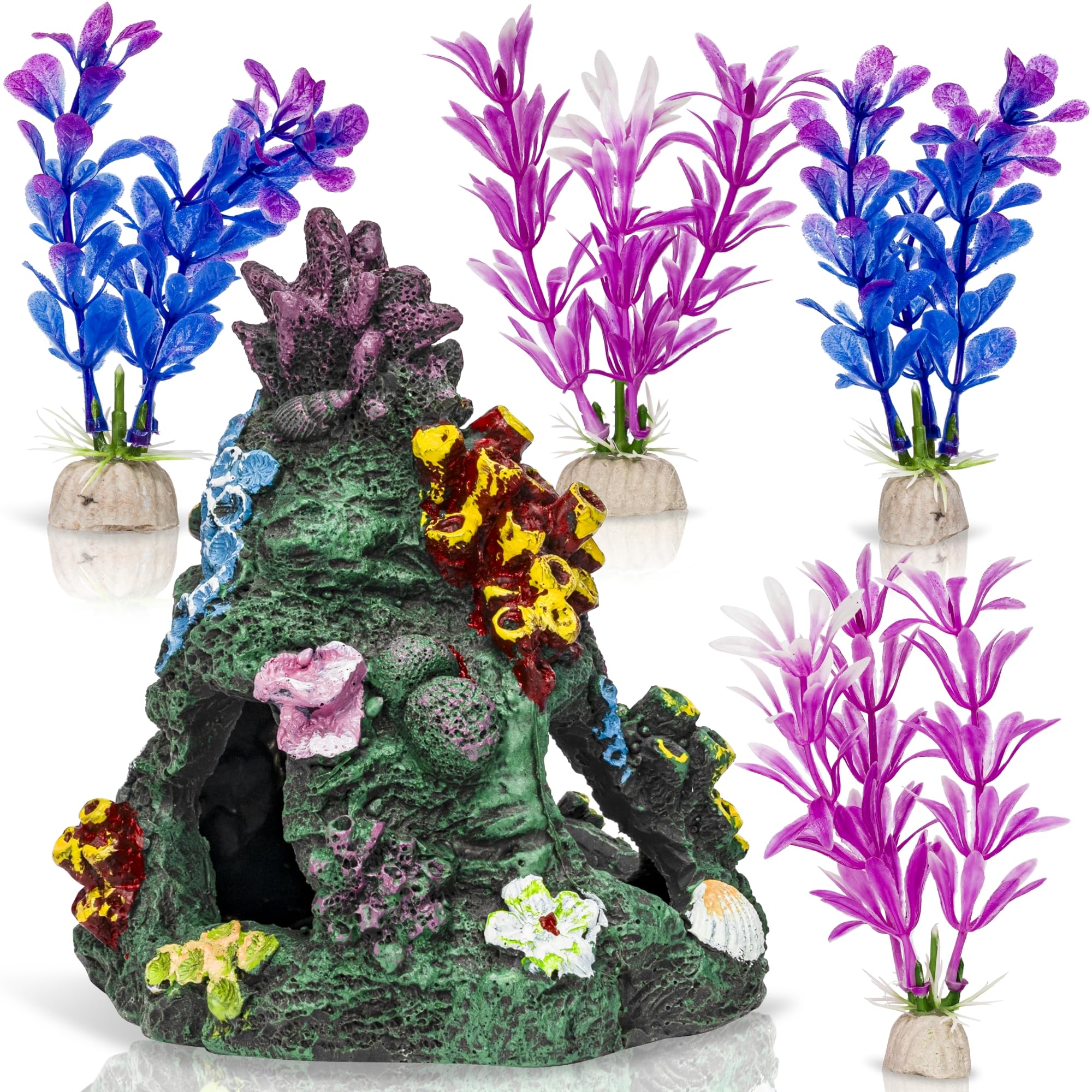 M PELOSA Fish Tank Accessories, Faux Coral Rock Formation and 4 Plastic Plants, Colourful, Non-Toxic, Safe for Fish