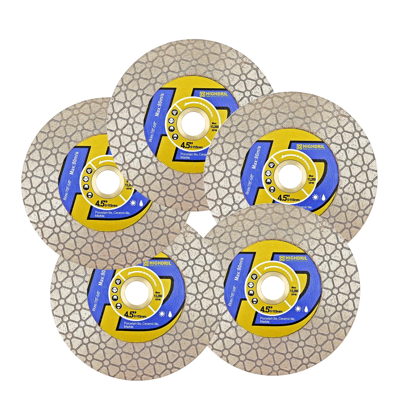 HIGHDRIL Diamond Saw Blade - 5pcs 115MM /4.5inch Diamond Tile Cutting Blade for Ceramic Porcelain Tile Marble Granite Quartz Dekton Artificial Stone