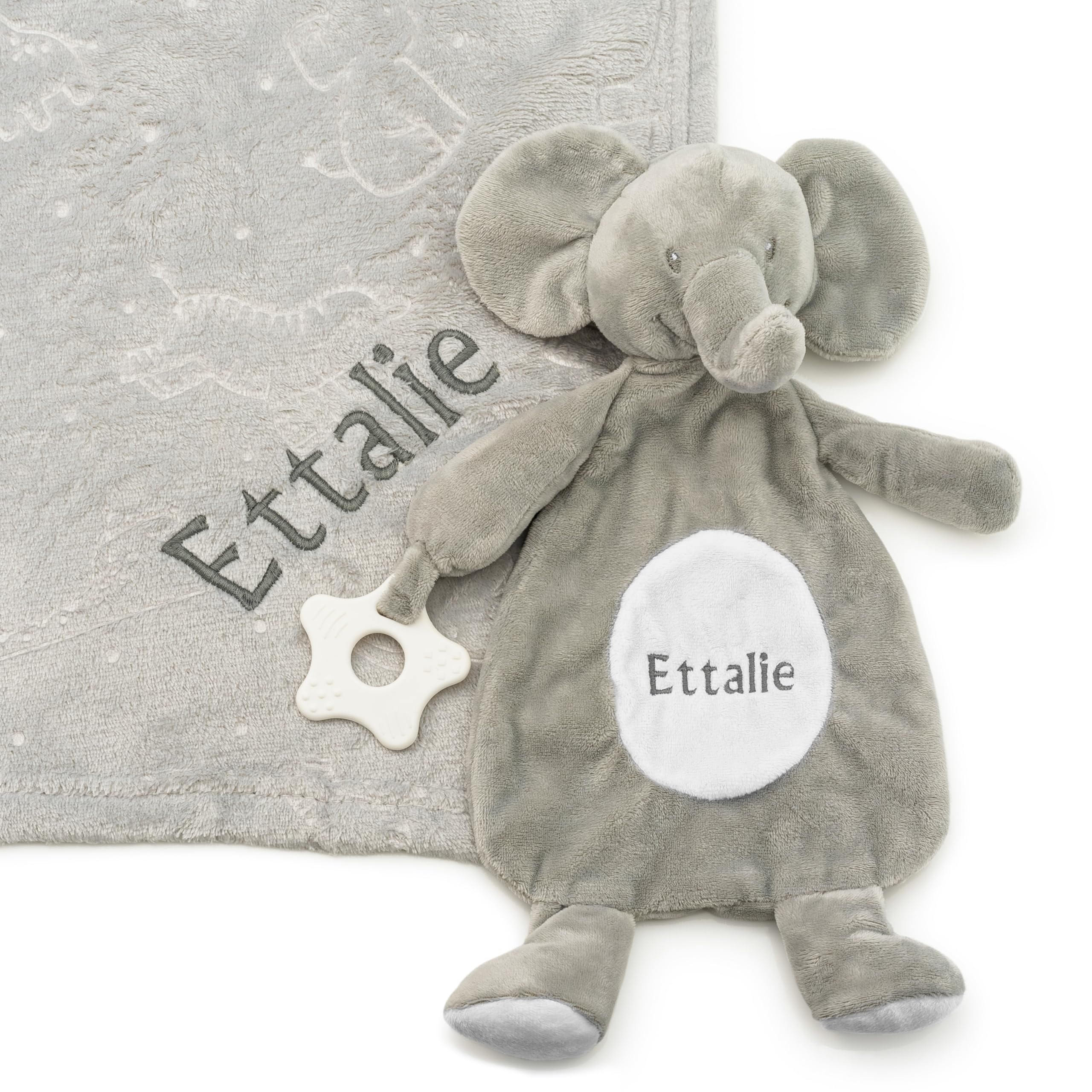 Lobeko Personalised Baby Gift Set, Embroidered Plush Blanket with Matching Teething Comforter, Newborn Keepsake Gift, Baby Shower Present (Grey Elephant Gift Set)