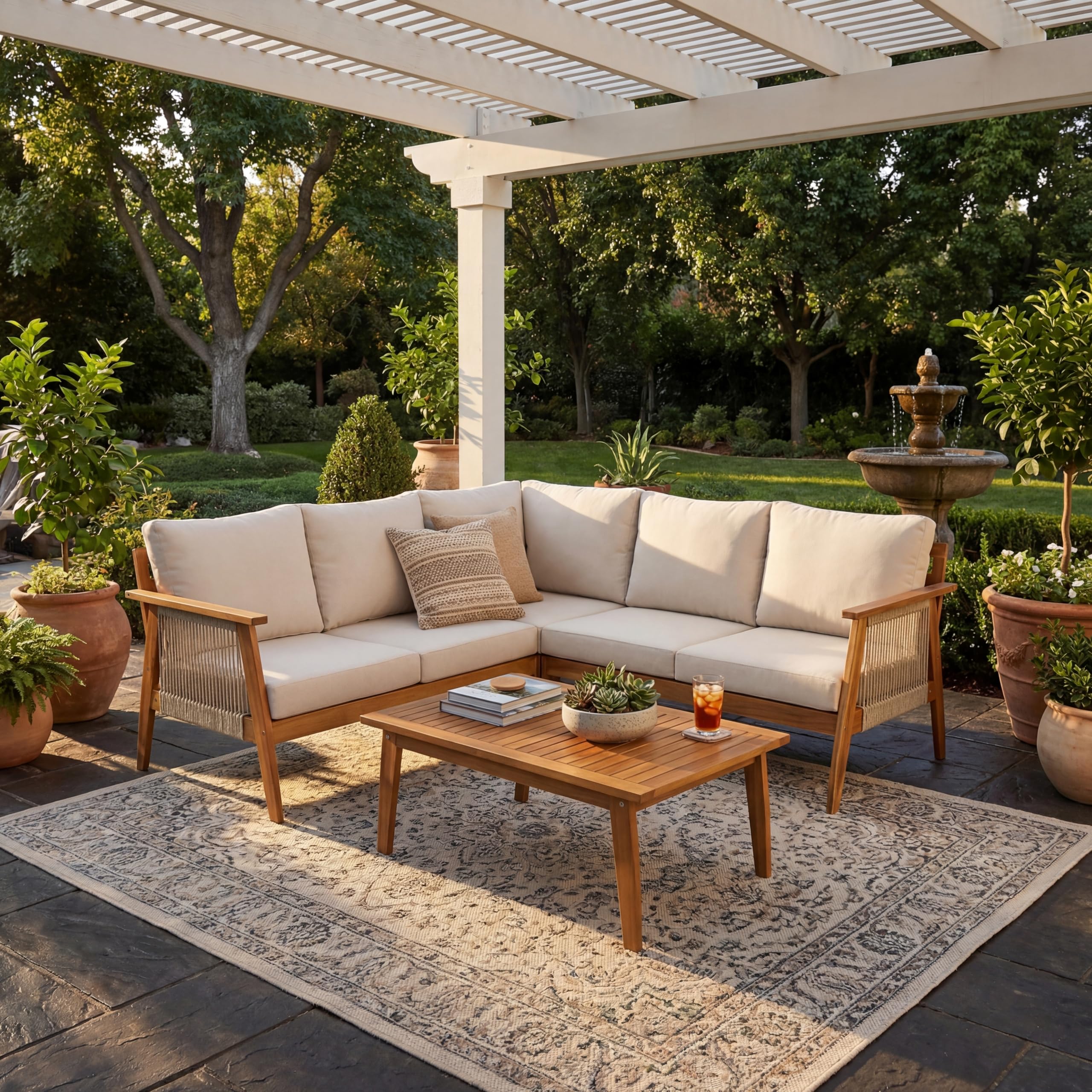 Photo 1 of **BOX 1 OF 3
Merax Outdoor 4-Piece Acacia Wood & Rope Sectional Patio Corner Set, L-Shaped Sofa with Coffee Table, Handmade Woven Garden Furniture for Poolside & Deck