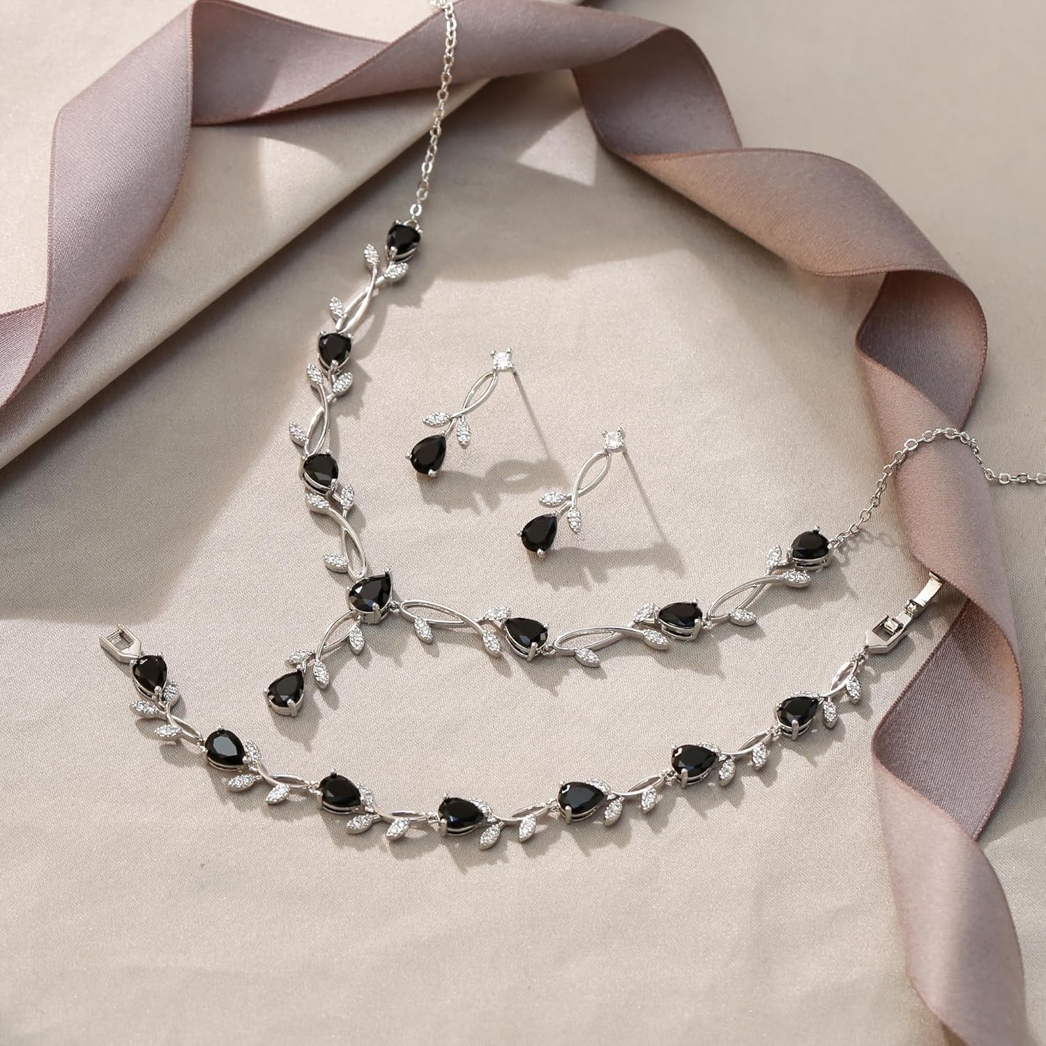 EVER FAITH Bridal Cubic Zirconia Jewelry Sets for Women, White Simulated Pearl Leaf Vine Pendant Wedding Party Necklace Earrings Set for Bridesmaid Bride - Image 4