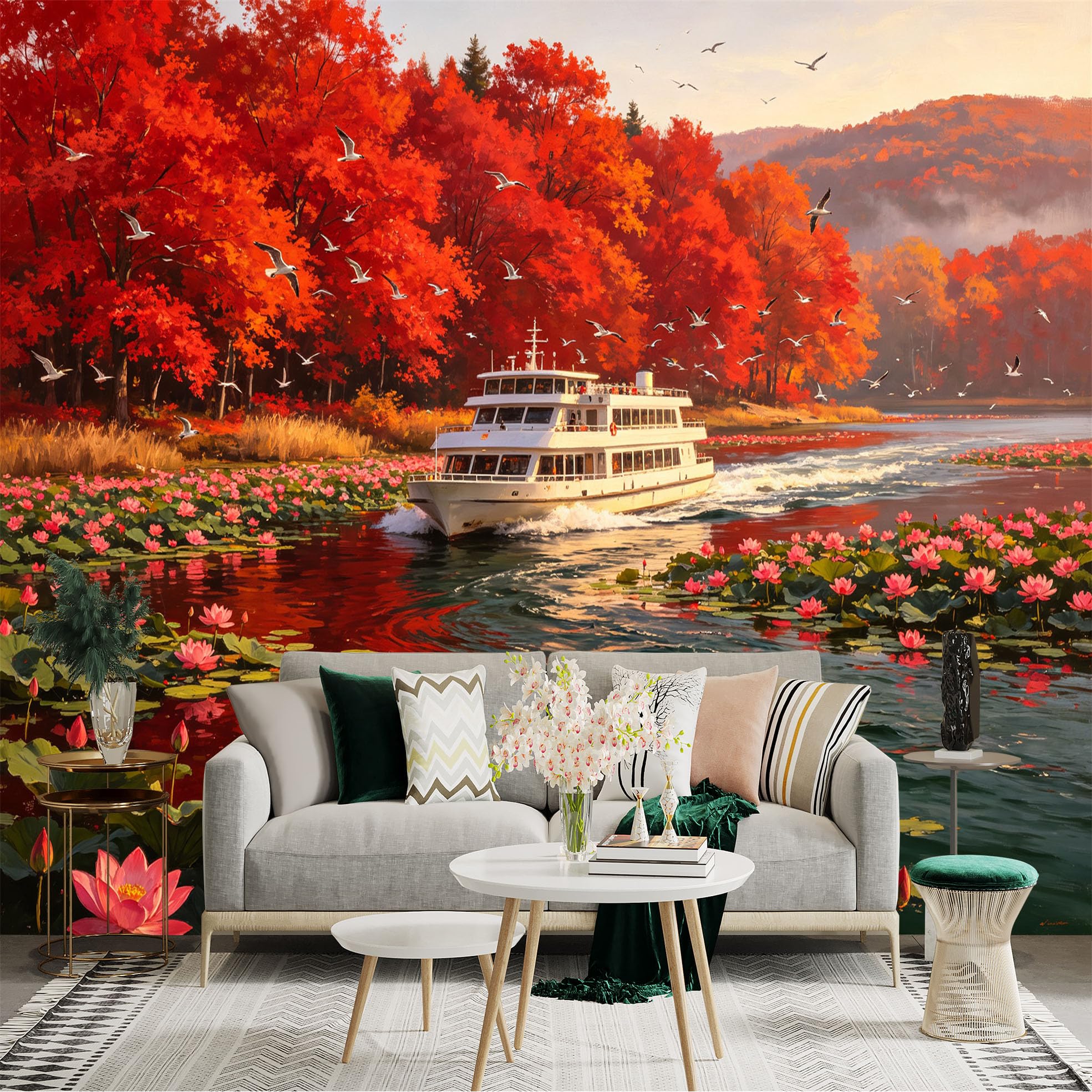 Custom Size Wall Sticker Mural， Cruise Ship on River， Vibrant Autumn Foliage， Pink Lotus Flowers， Flying Birds， for wall Decoration， peelandstick wall Decals.
