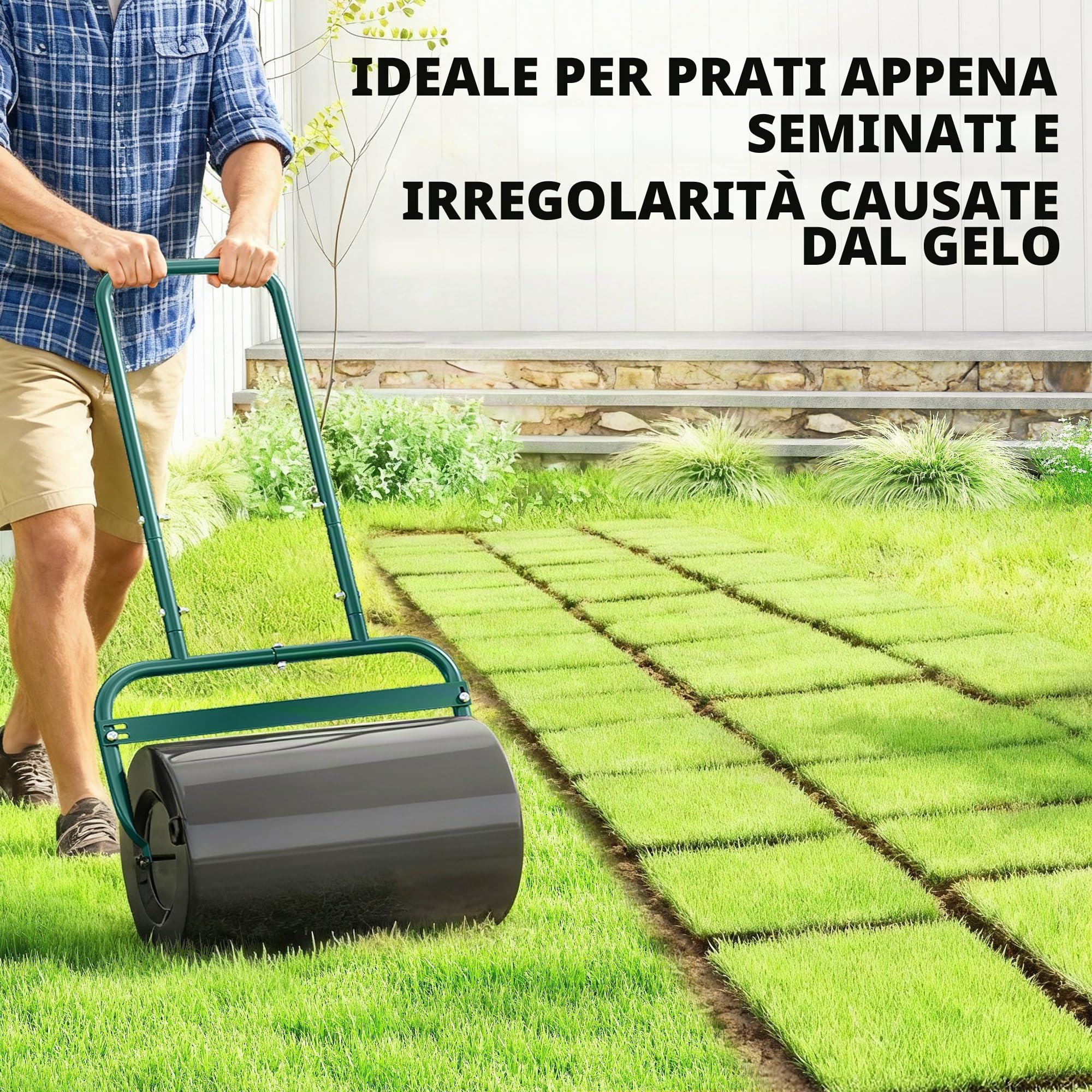 Outsunny Rullo per prato Rullo da giardino riempibile con acqua o sabbia, larghezza 50 cm manuale con impugnatura a U, capacità 38 litri, per prato in acciaio, agricolo per giardino