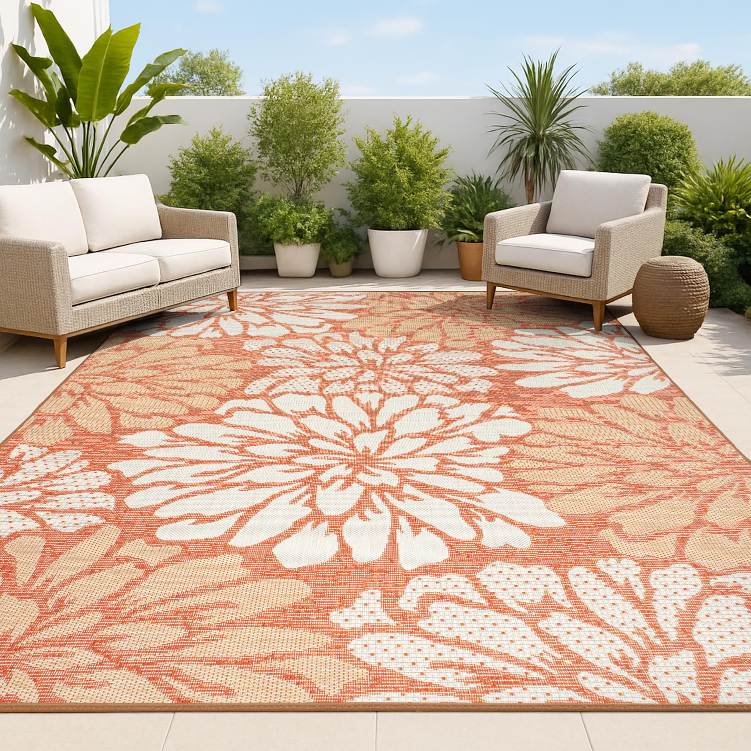 JONATHAN Y Floral Textured Weave Indoor Outdoor Area Rug 5X8 Orange/Cream, Zinnia Modern for Backyard, Patio, Porch, Easy-Cleaning, High Traffic,