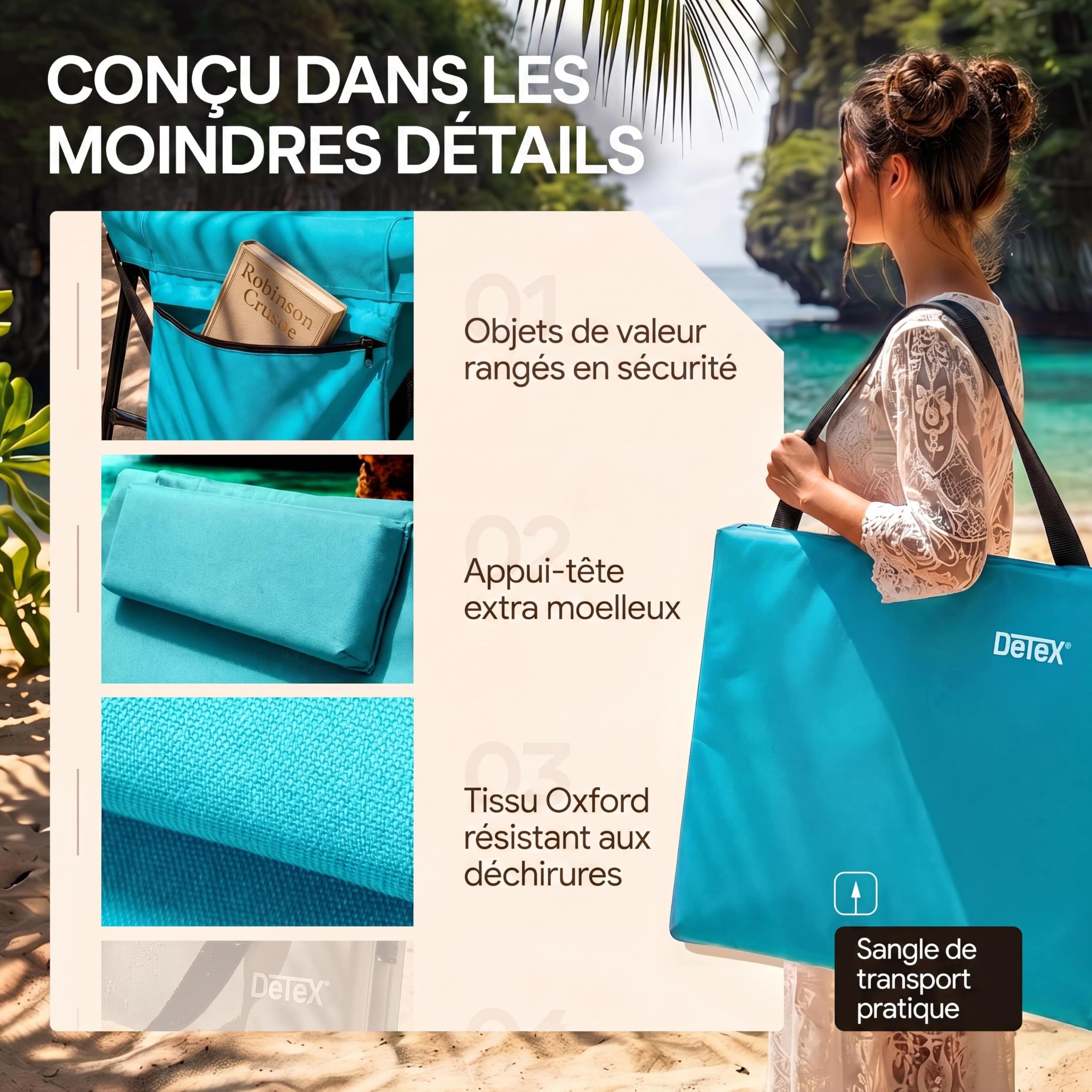 Detex® Set de 2 Tapis de Plage Bleu Turquoise 158x56 cm transat rembourré avec Dossier Pliable natte de Plage transportable extérieur
