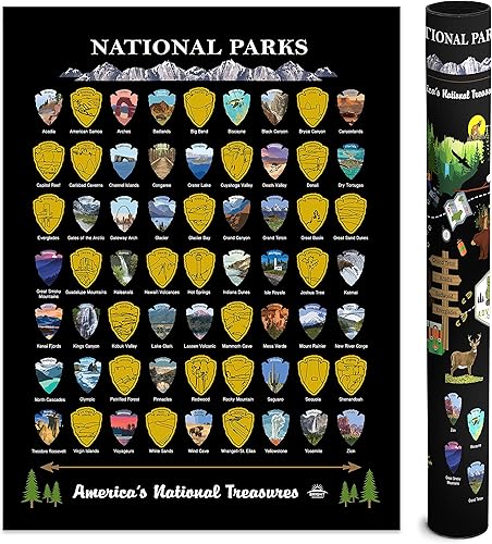 Mapa de Parques Nacionales para Raspar (12x16, Negro/Dorado) – Los 63 Parques de EE.UU., Póster Rastreador de Viajes, Kit Listo para Regalo con