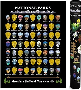 National Parks Scratch Off Map 12x16, Black/Gold All 63 US Parks, Travel Tracker Poster, Gift-Ready Kit with Scratch Pen and Cloth