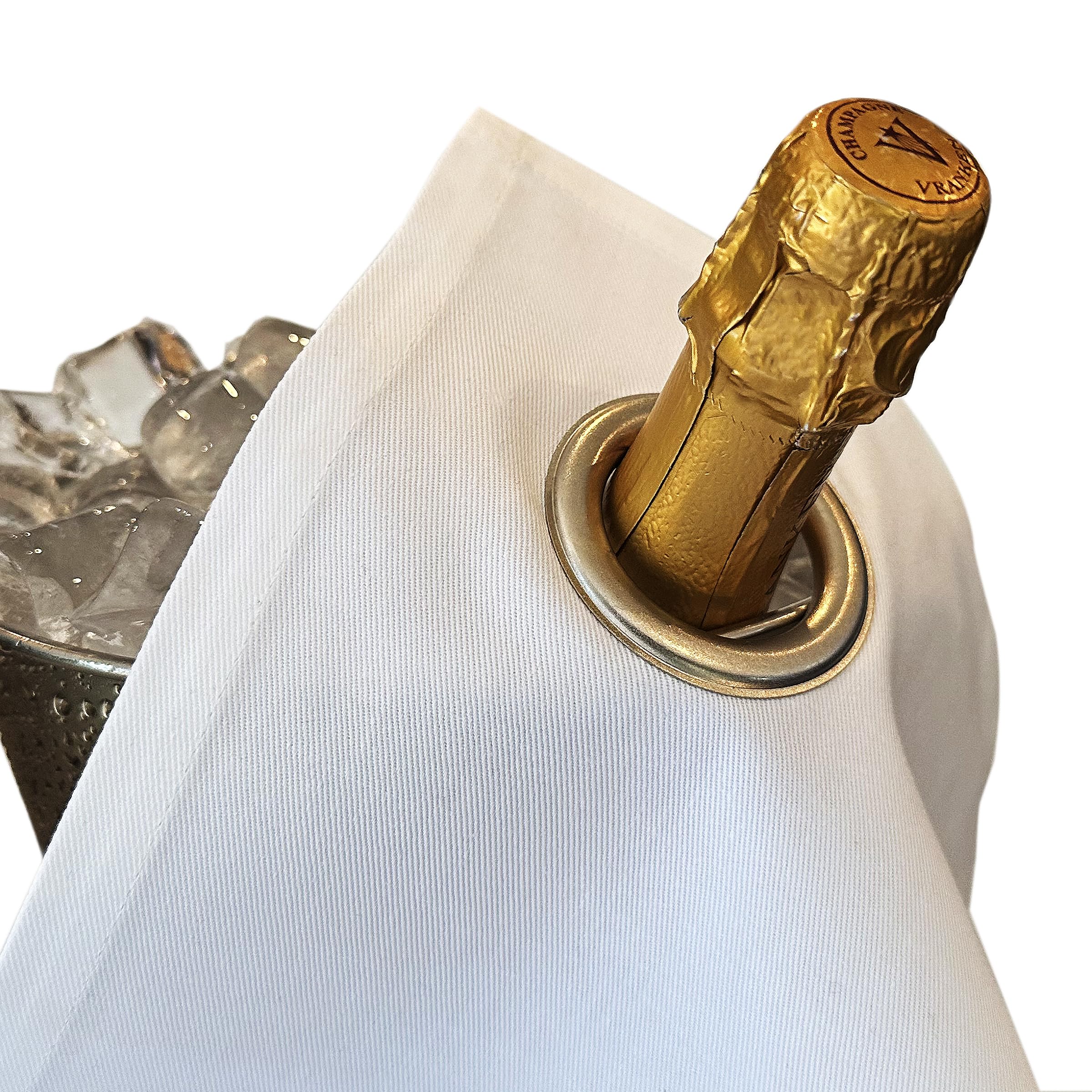Classic Collection - Paños para botellas con anillo de metal para cubos de hielo, algodón, 42 cm, agujero en la esquina (blanco con anillo plateado, paquete de 2)