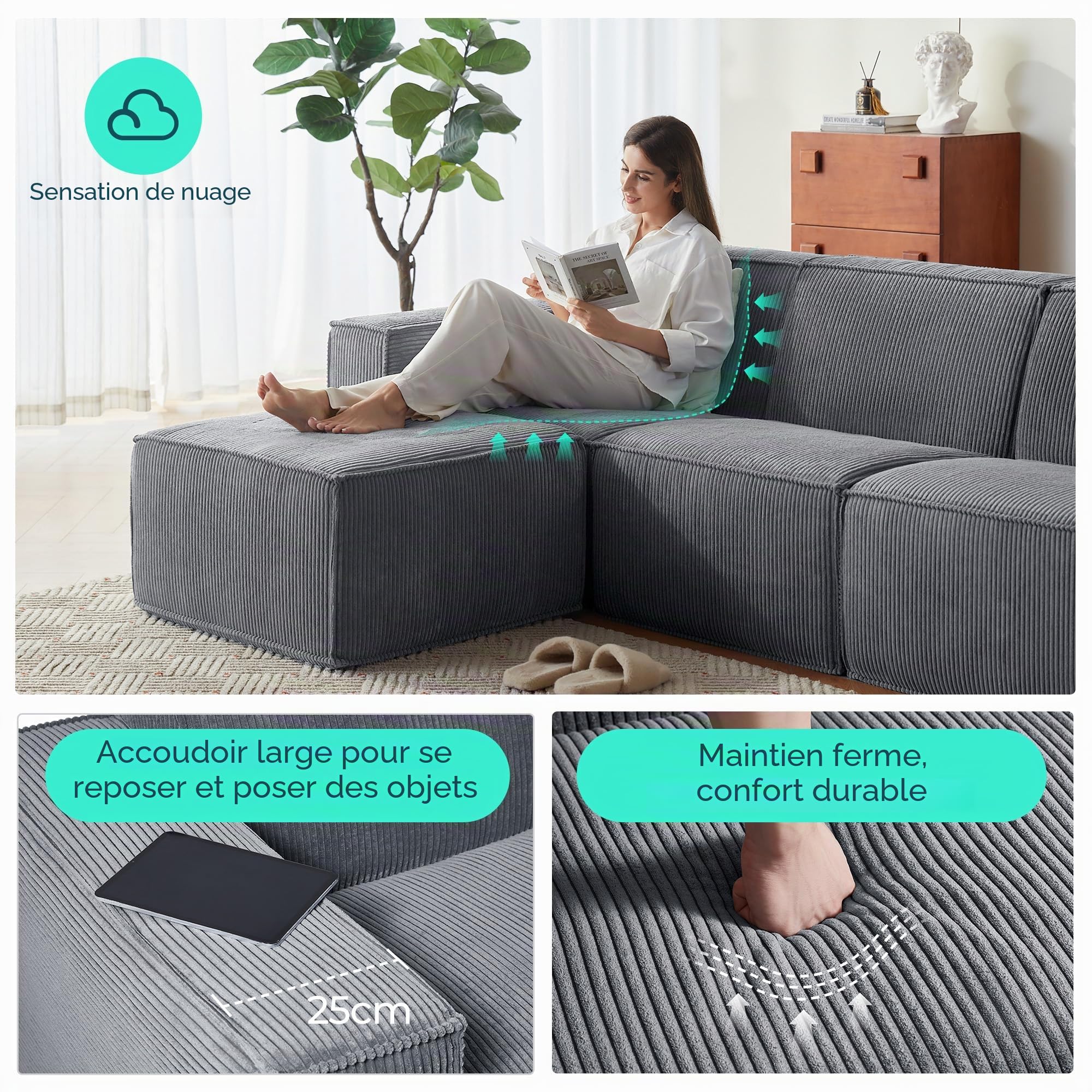LINSY HOME Canapé d'angle modulable Convertible 266 cm - Canapé-lit avec Couchage intégré, Velours côtelé Gris foncé, 4 Places + 2 poufs