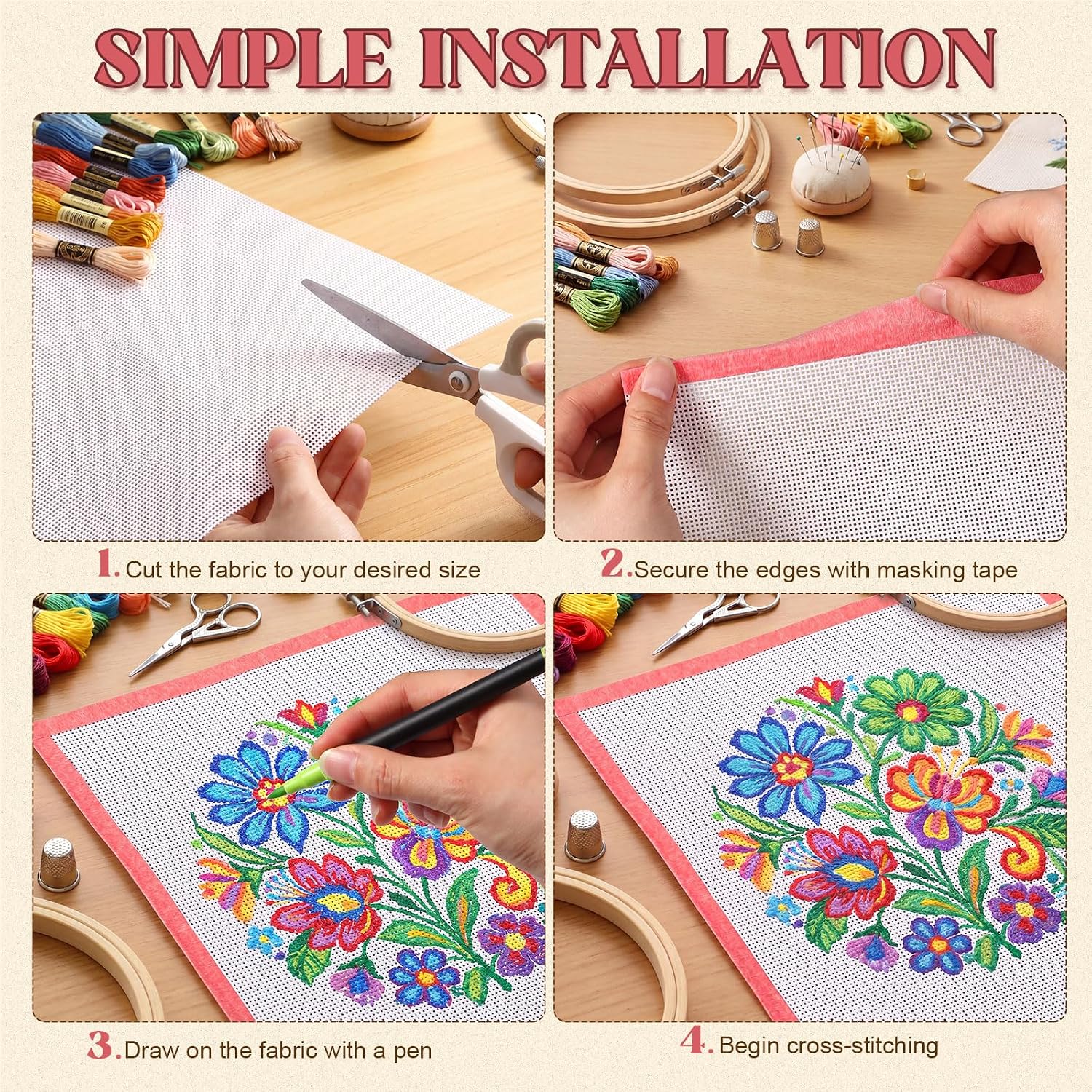 Frienda 28 Pcs Needlepoint Canvas White Needlepoint Canvas Starter Kit with 2 Sheets 13 Mesh 16x20 Inch Blank Mesh, 24 Dual-tip Markers, and 2 Rolls Edge Tape for Embroidery and DIY Craft Projects