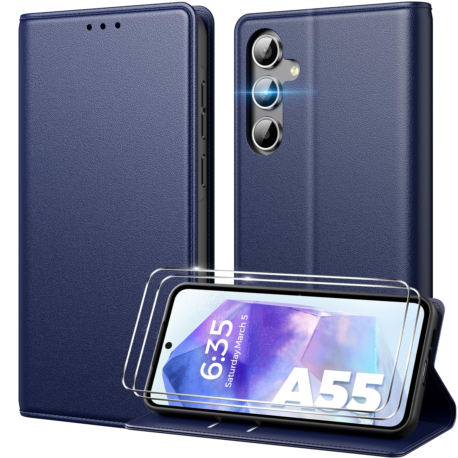 Peakally Handyhülle für Samsung Galaxy A55 5G Hülle Mit 2 Panzer Schutz Glas, Premium PU Lederhülle mit Kartenfach RFID-Blockierung Standfunktion Klapphülle für Samsung A55, Blau