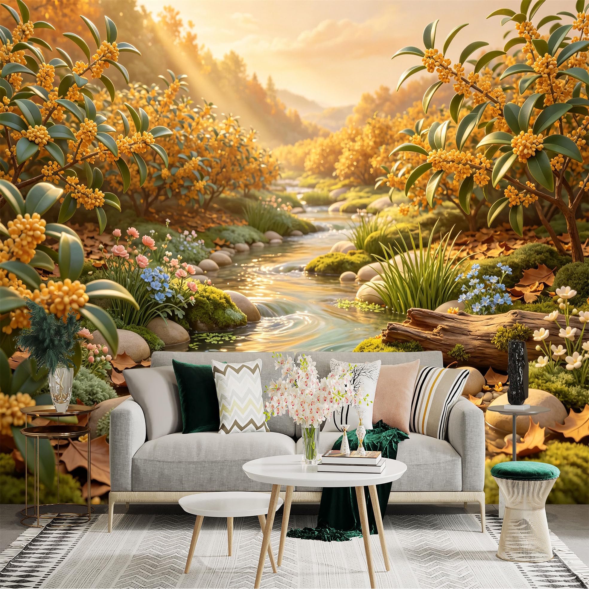 Lnzczhyre Bh260719581 Custom Size Wall Sticker Mural， Sunlit Autumn Creek With Blooming Shrubs And Mossy Stones， For Wall Decoration， Peelandstick Wall Decals.