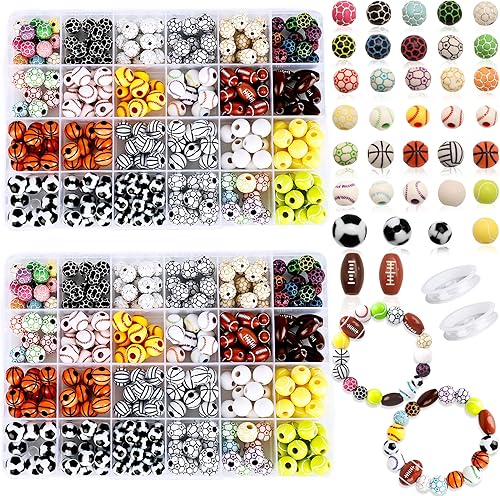 Juego de 800 cuentas de bolas deportivas para béisbol, baloncesto, fútbol, voleibol, fútbol con cuerda elástica para llaveros y pulsera, 2 cajas