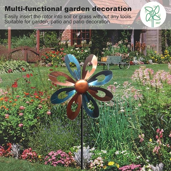 Garden Wind Spinners Tall Metal Wind Spinners Outdoor Swivel Flower Wind Sculptures with Ground Stake for Patio Lawn Outdoor Yard Lawn Garden Decorations Bronze and Blue, Outdoor Wind Spinner