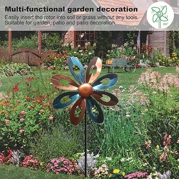 Garden Wind Spinners Tall Metal Wind Spinners Outdoor Swivel Flower Wind Sculptures with Ground Stake for Patio Lawn Outdoor Yard Lawn Garden Decorations Bronze and Blue, Outdoor Wind Spinner