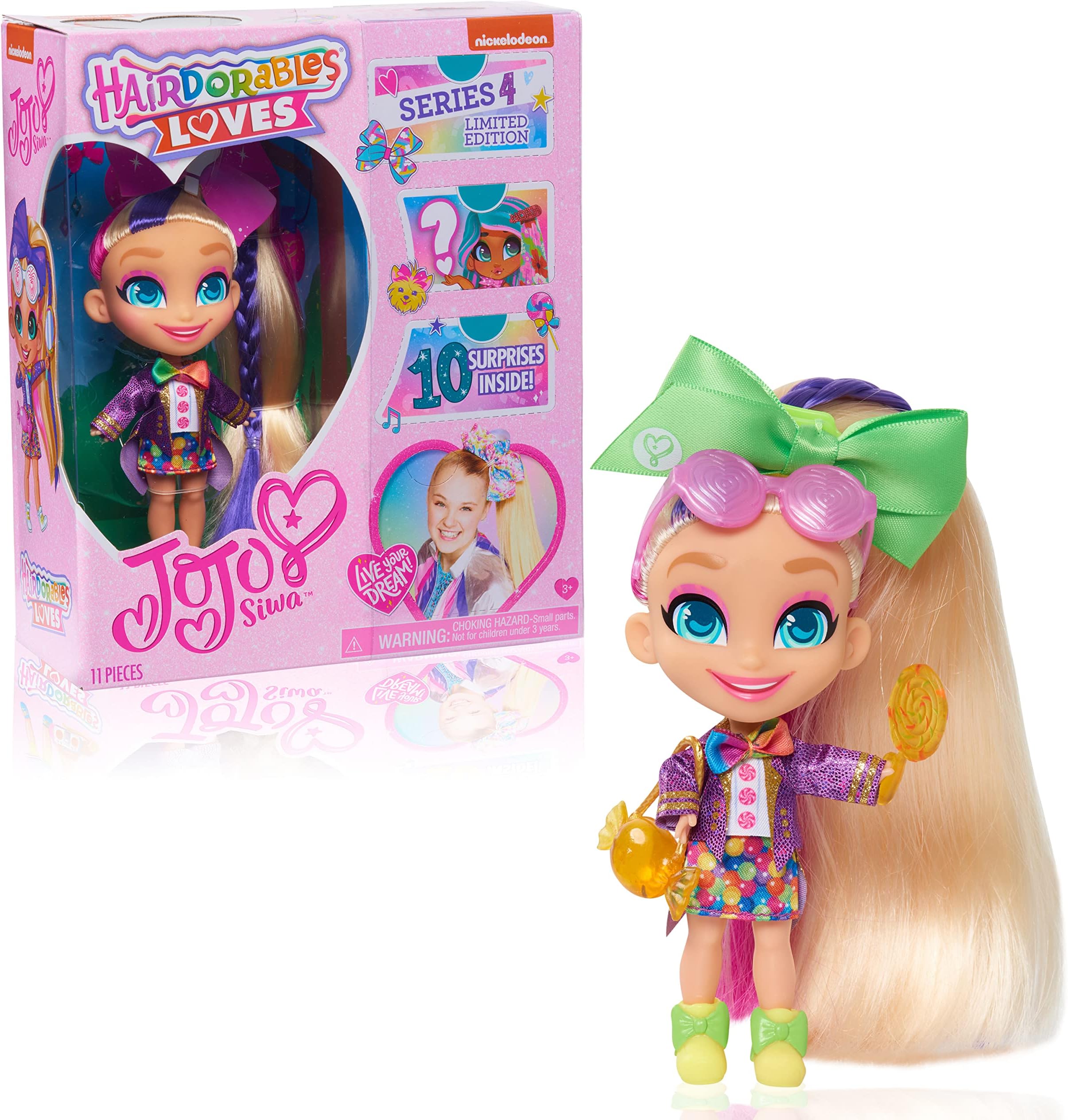 Just Play JoJo Siwa Hairdorables Loves JoJo Limited Edition Collectible Doll, Series 4, Candy Time, Includes 10 Surprises, Kids Toys for Ages 3 Up by
