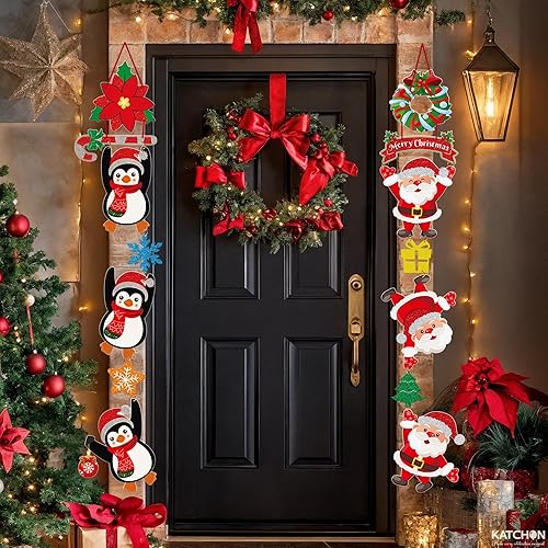 Miniatura 3 de KatchOn, Letreros colgantes para porche, decoraciones navideñas al aire libre  4.2 pies  Cartel de puerta de Navidad de Papá Noel y pingüino para