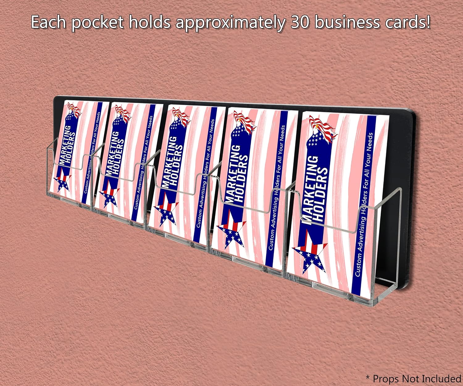 Marketing Holders Wall Business Card Holder with Hanging Hardware for 2" x 3.5" Vertical Appointment Gift or Reward Cards Schools Colleges Retail Stores 5 Pockets Clear on Black Acrylic