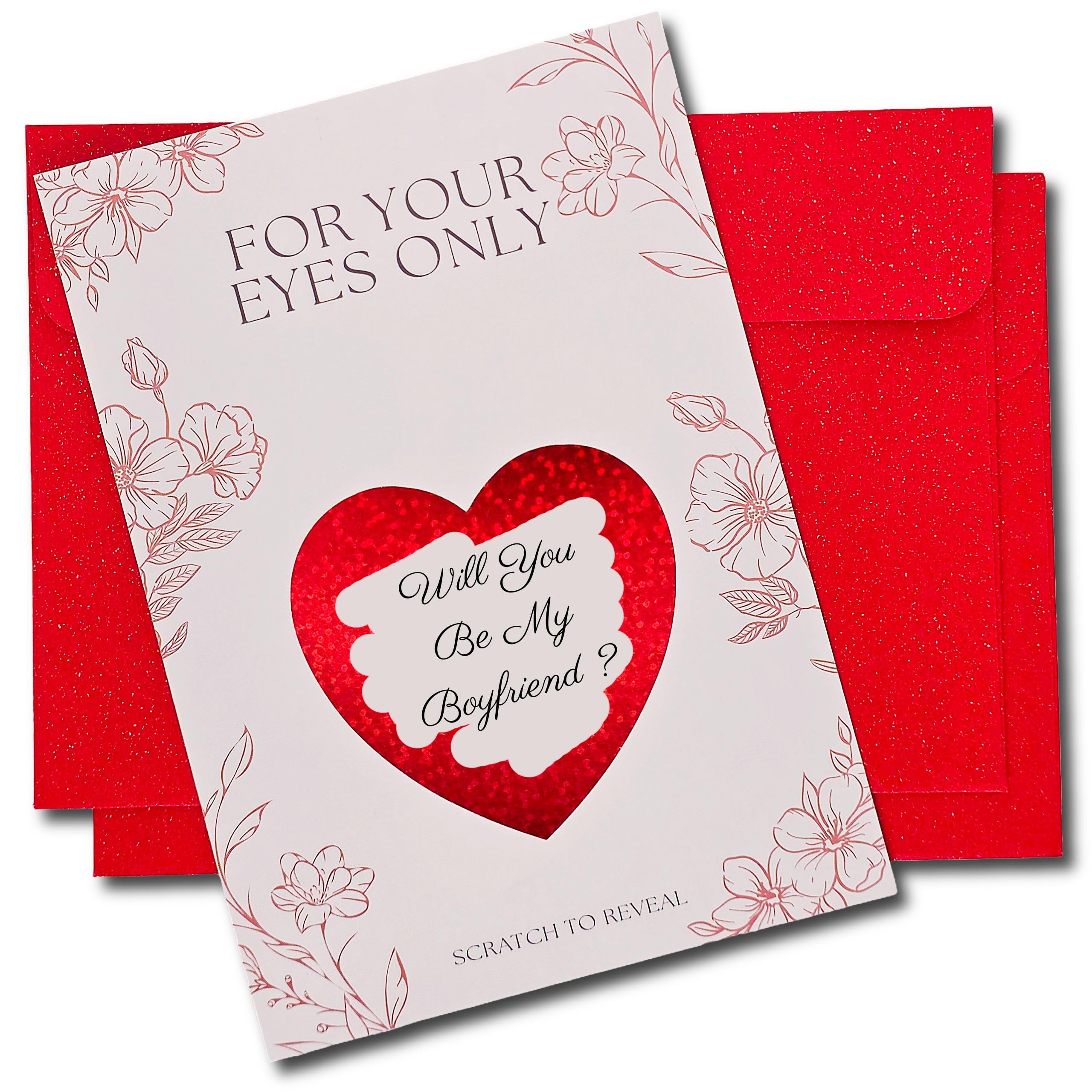 Will You Be My Boyfriend? Scratch Off Card – Cute & Creative Way to Ask Him Out – Boyfriend Proposal - Romantic Relationship Reveal Card with Red Heart Scratch Sticker & Sparkly Red Envelope - 2pcs