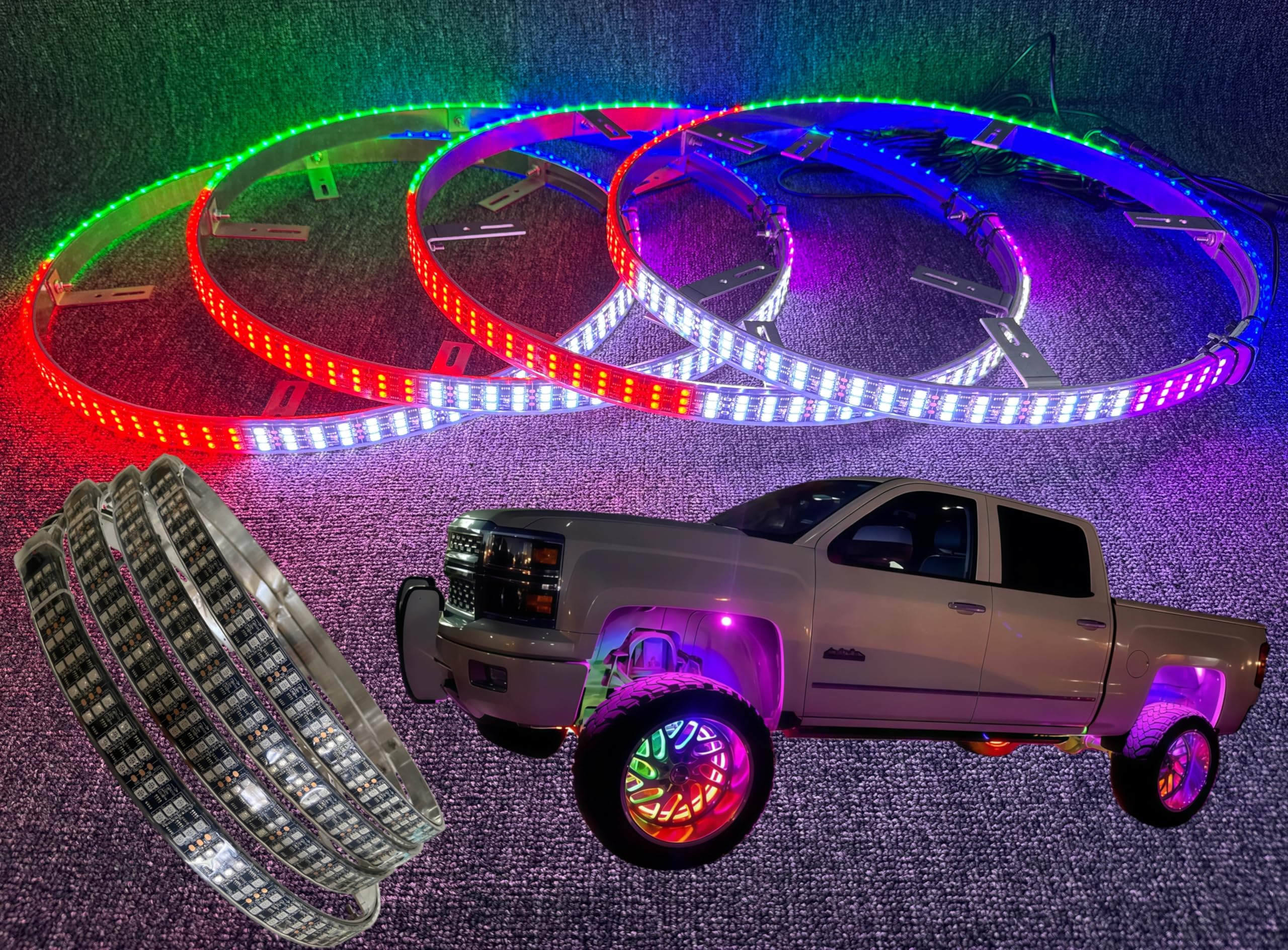 FIJVKNXY 4PCS 17.5" Triple Row LED Wheel Lights, Dream Color Chasing Rim Lights, Waterproof App & Remote Control for Off-Road Trucks, SUV, Pickups