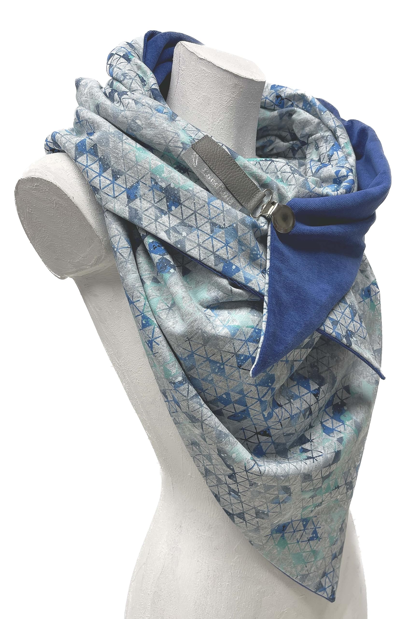 handmade - XXL Dreieckstuch in Blau & Grau – doppellagig mit Nicki | weiches Halstuch für Herbst, Winter & Übergangszeit