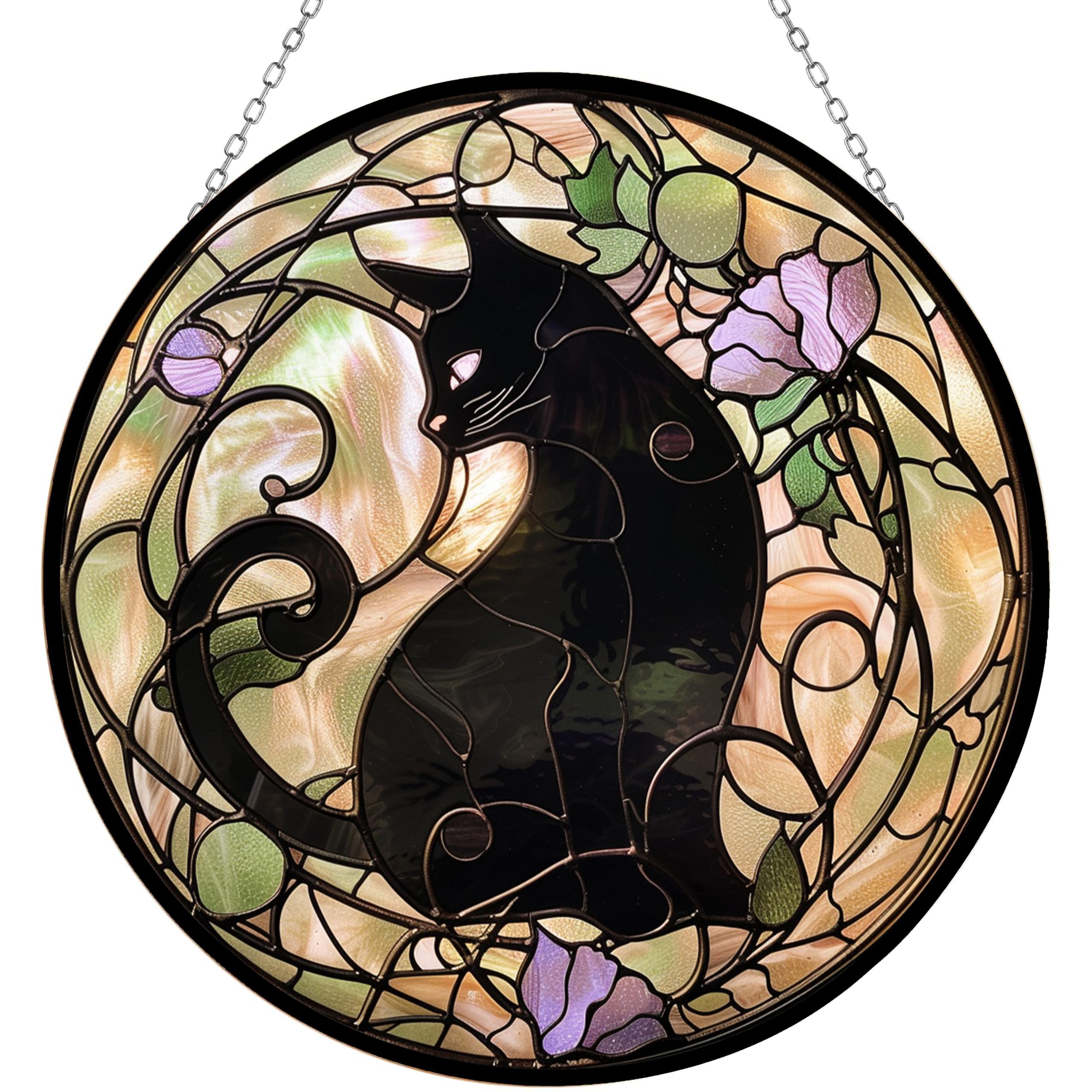 365CUSGIFTS Art Nouveau Black Cat Stained Glass Sun Catcher, Wall Hanging Colored Decor Room Indoor Window Decor, Halloween, Christmas Hanging Ornament Mother Day