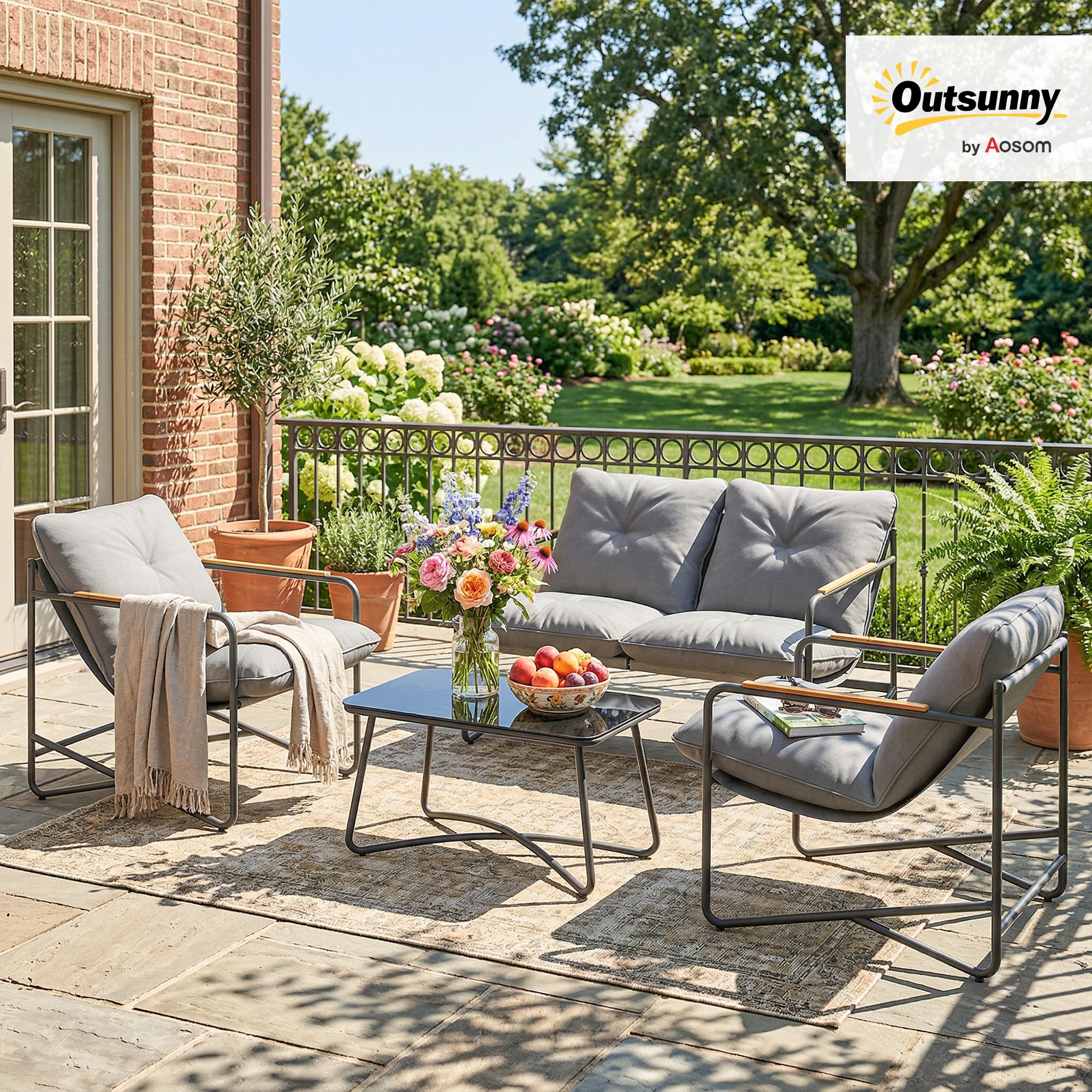 Outsunny Salon de Jardin 4 Pièces Canapé 2 Places 2 Fauteuils Gris Clair