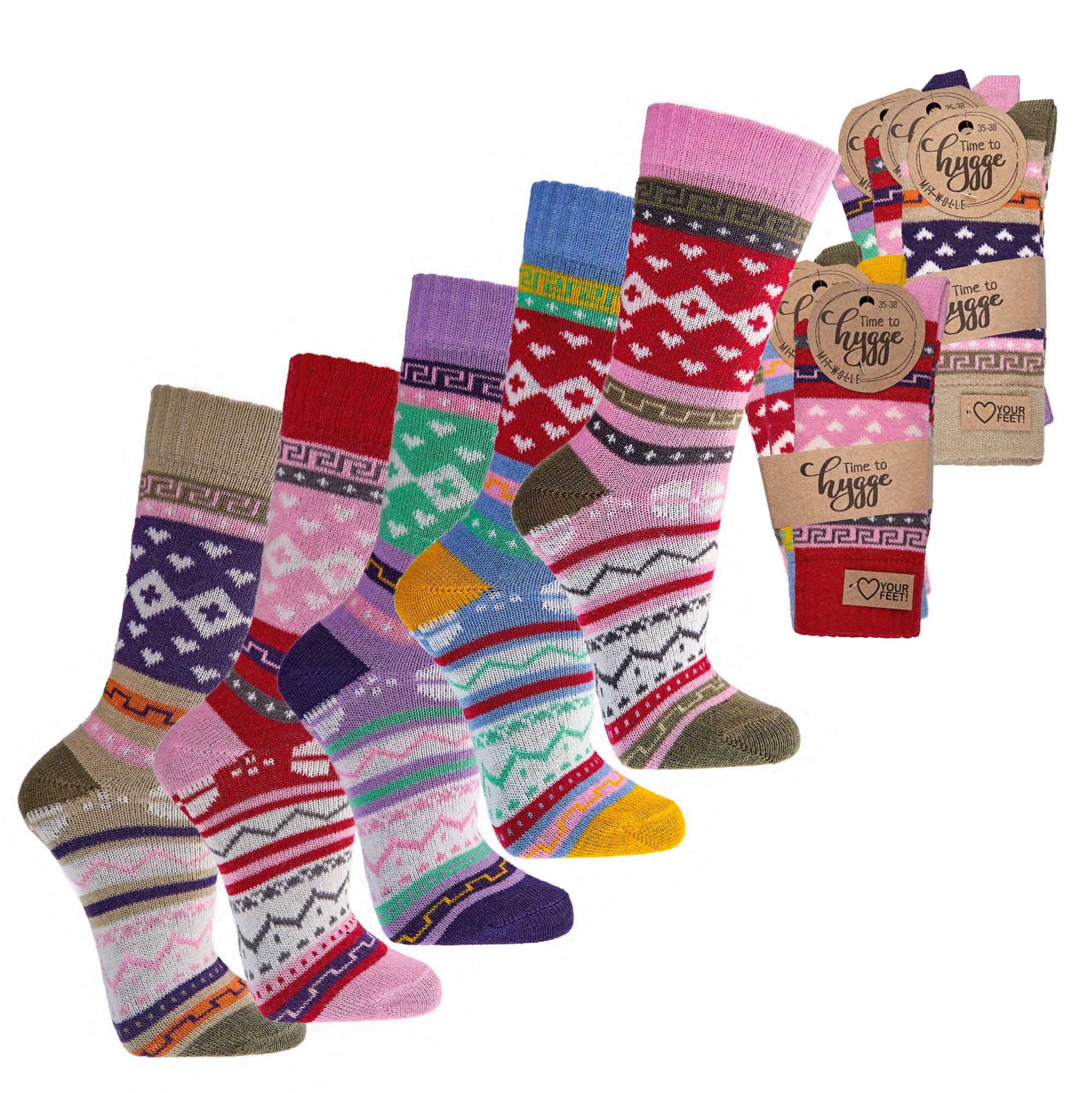 Leo Design Norwegian Wool Socks Women, 3 Pairs Winter Thermal Knitted, Nordic Hygge Wool Cosy Socks, Ladies Socks for cold weather (UK, 2-5)