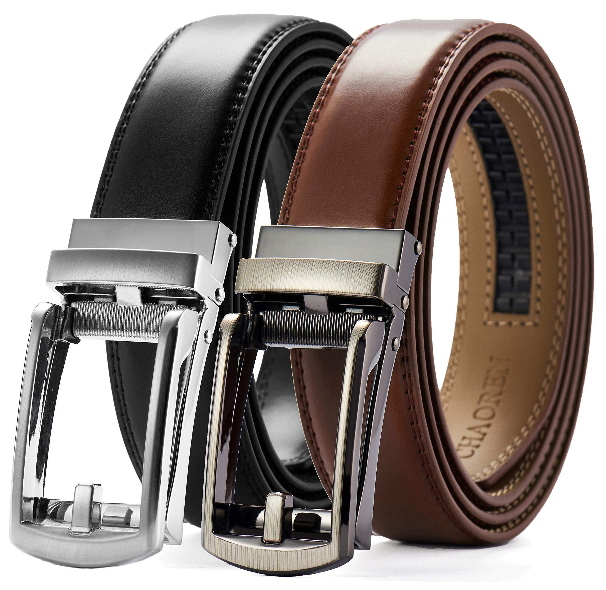 CHAOREN Men's Leather Ratchet Belt Pack of Two - Black, One Size - Adjustable, Scratch Resistant, Luxury Packaging