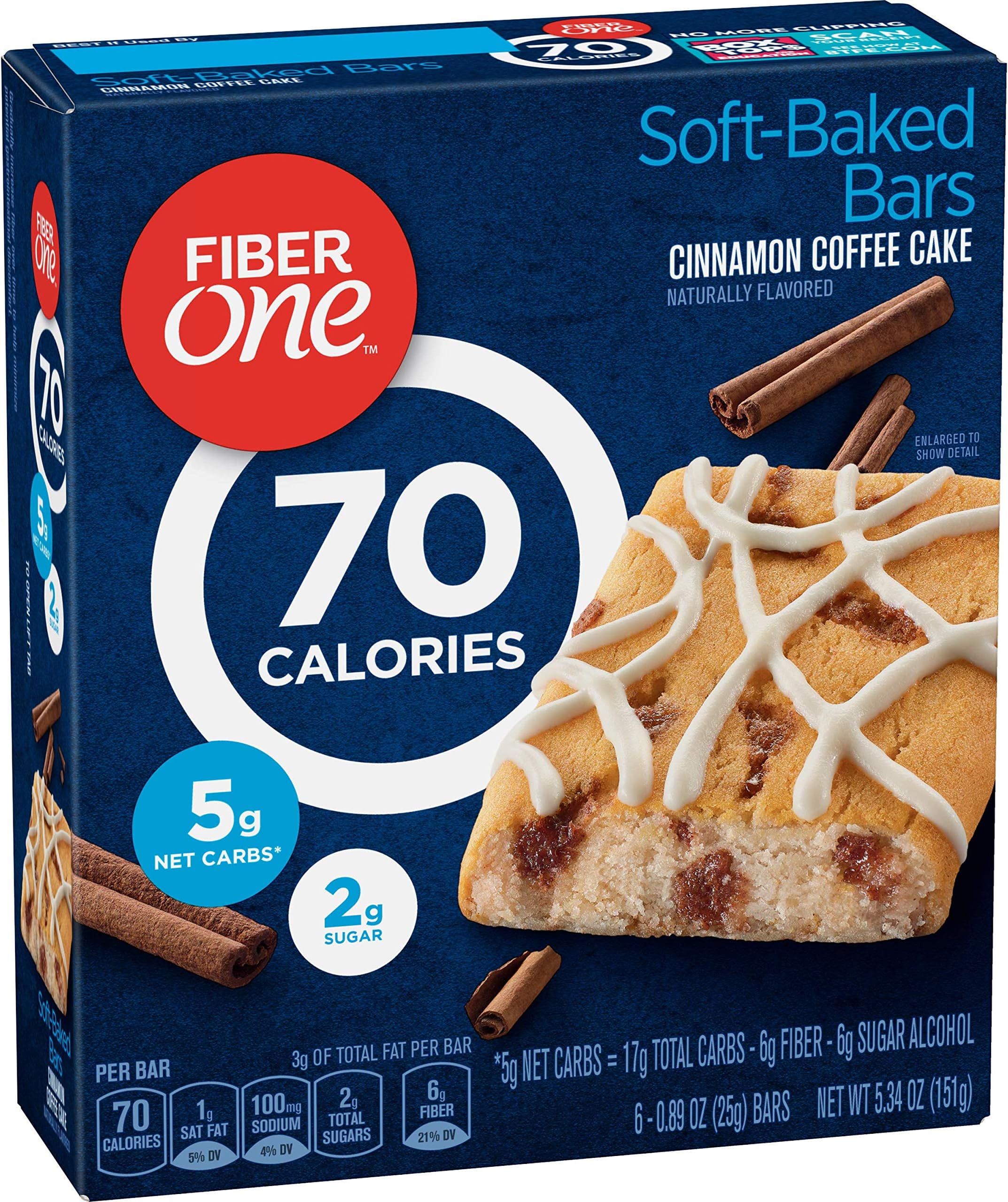 Fiber One90 Calorie Soft-Baked Bar, Cinnamon Coffee Cake, 6 Fiber Bars, 5.34 oz