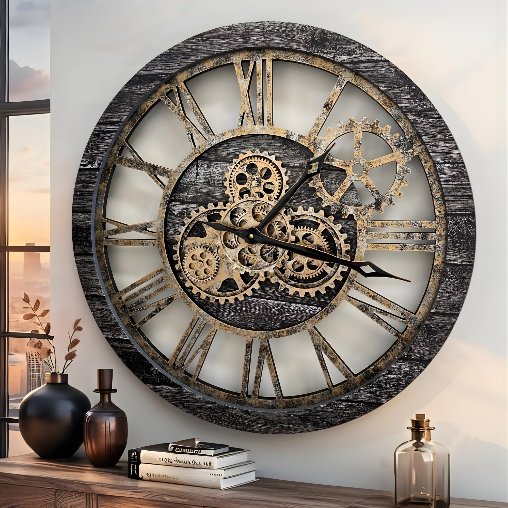 The Gears Clock The Original Real Moving Gear Vintage Industrial Oversized Rustic Rustic Wall Clock (60cm) Carbon Grey and Bronze