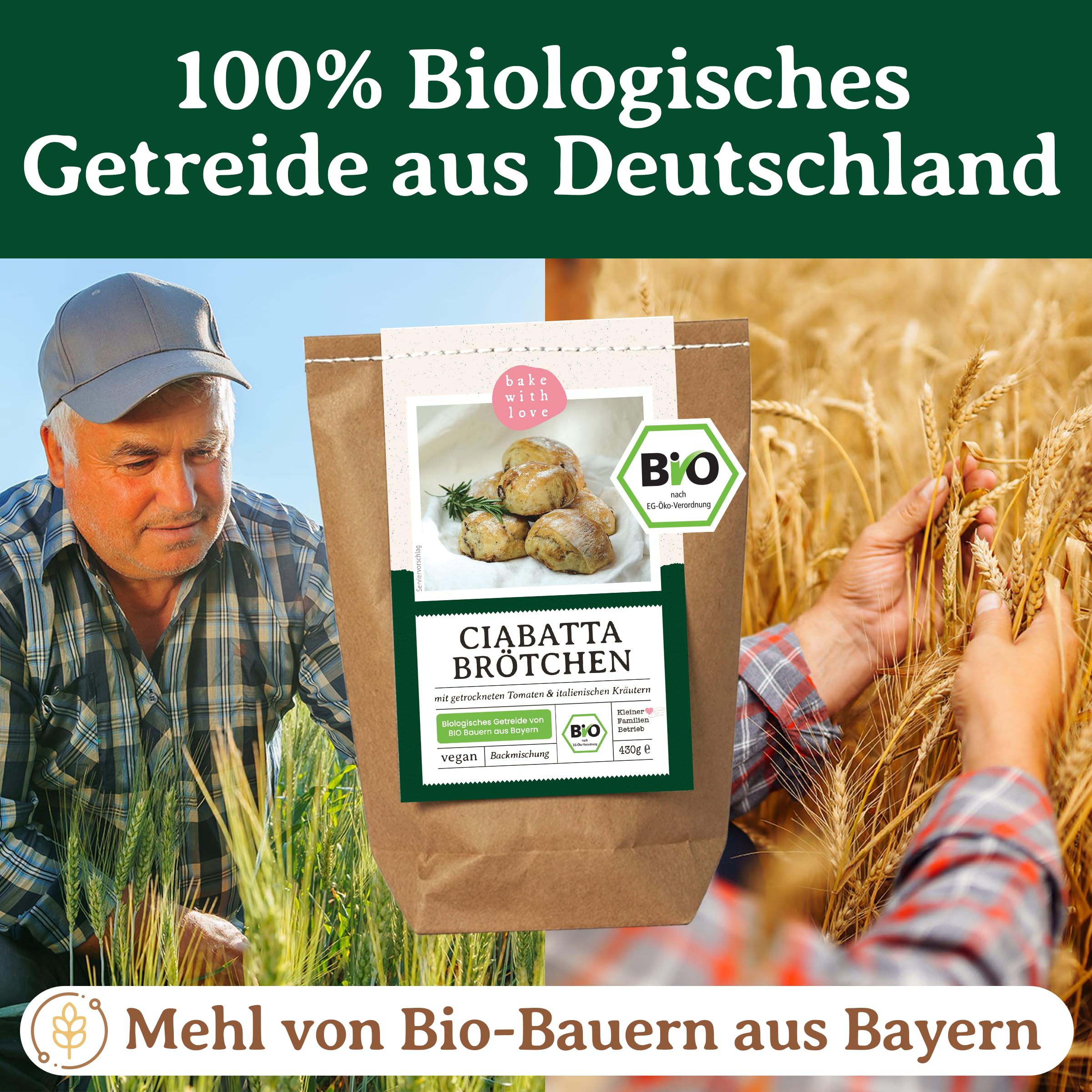 Bio Ciabatta Brötchen Backmischung – mit Tomaten, Kräutern & knuspriger Kruste – luftige italienische Brötchen für den Ofen – fast ohne Hefe – Bake with Love - 10er Pack