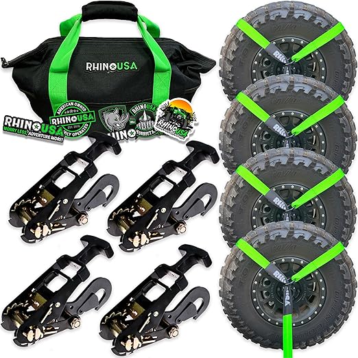 Rhino USA Car Tie Down Straps with Snap Hooks – 4 Pack 2" x8' – 10,000lbs Break Strength – Heavy Duty T-Handle Car Hauler Tire Lasso Wheel Straps for Trailers, UTV & Powersports – Green