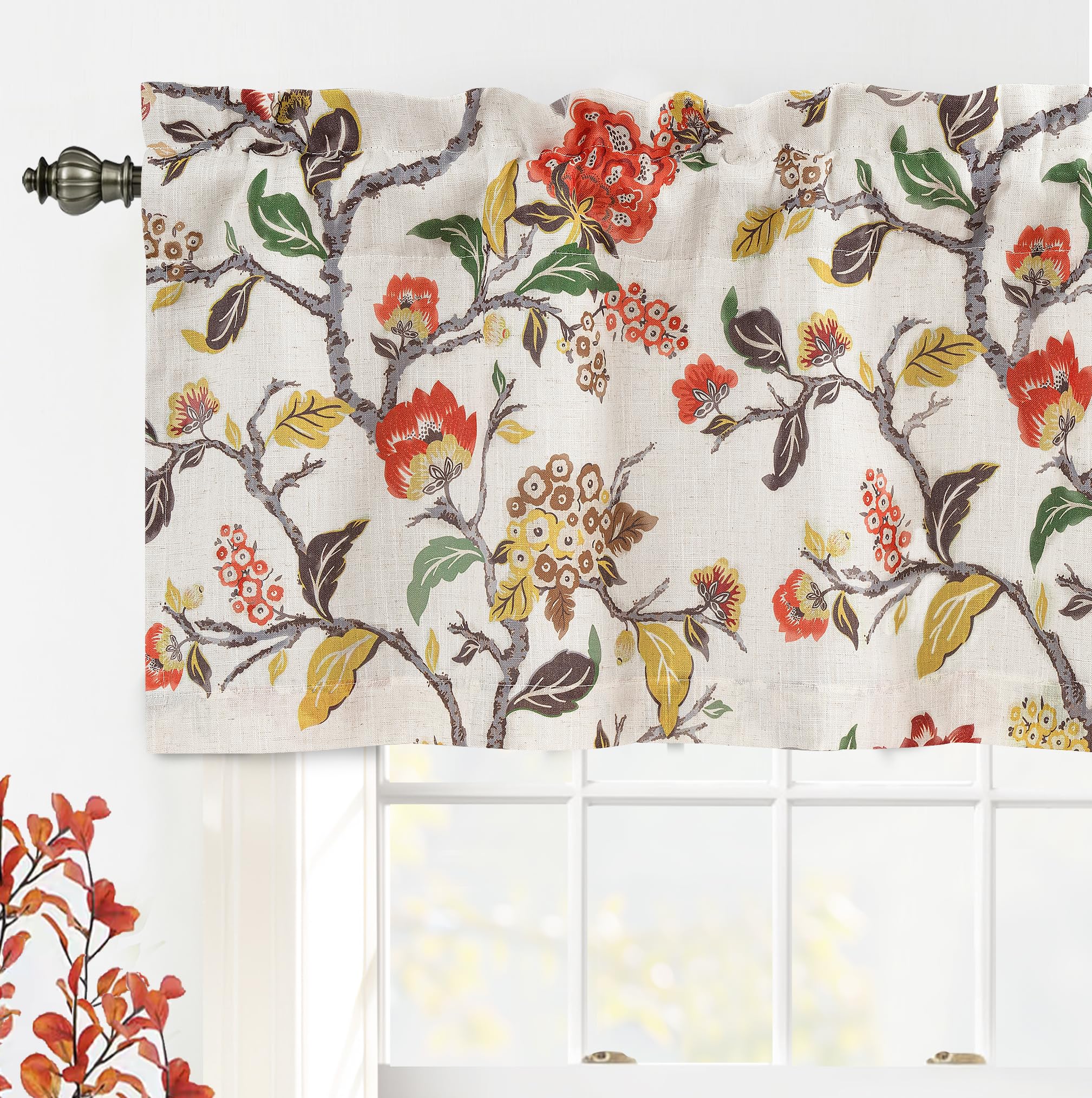 DriftAway Ada Botanical Print Lined Flower Leaf Thermal Insulated Linen Blend Window Valance Rod Pocket 52 Inch by 18 Inch Plus 2 Inch Header Orange