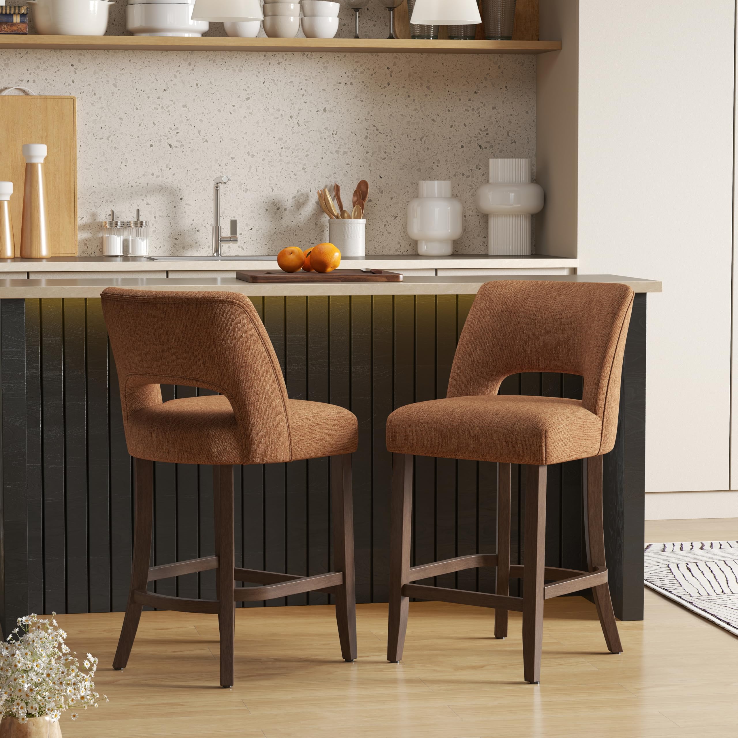 VKNOW Bar Stools Set of 2, 26" Fabric Counter Height Bar Stools, Orange