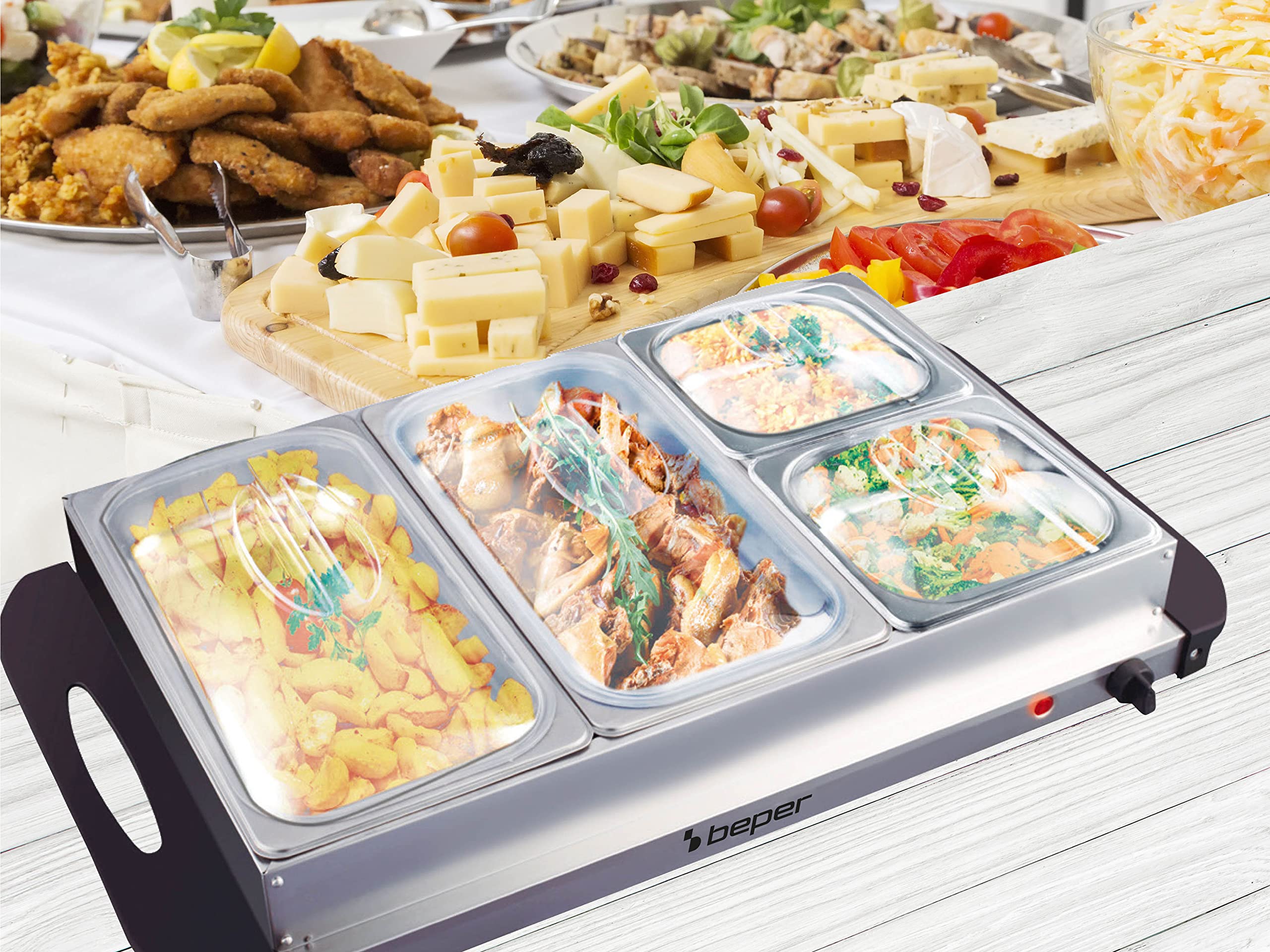 Beper P101TEM001 Scaldavivande per buffet, Acciaio inossidabile, 4 vassoi rimovibili, Termostato per la temperatura, Luce funzionamento, Ideale per buffet