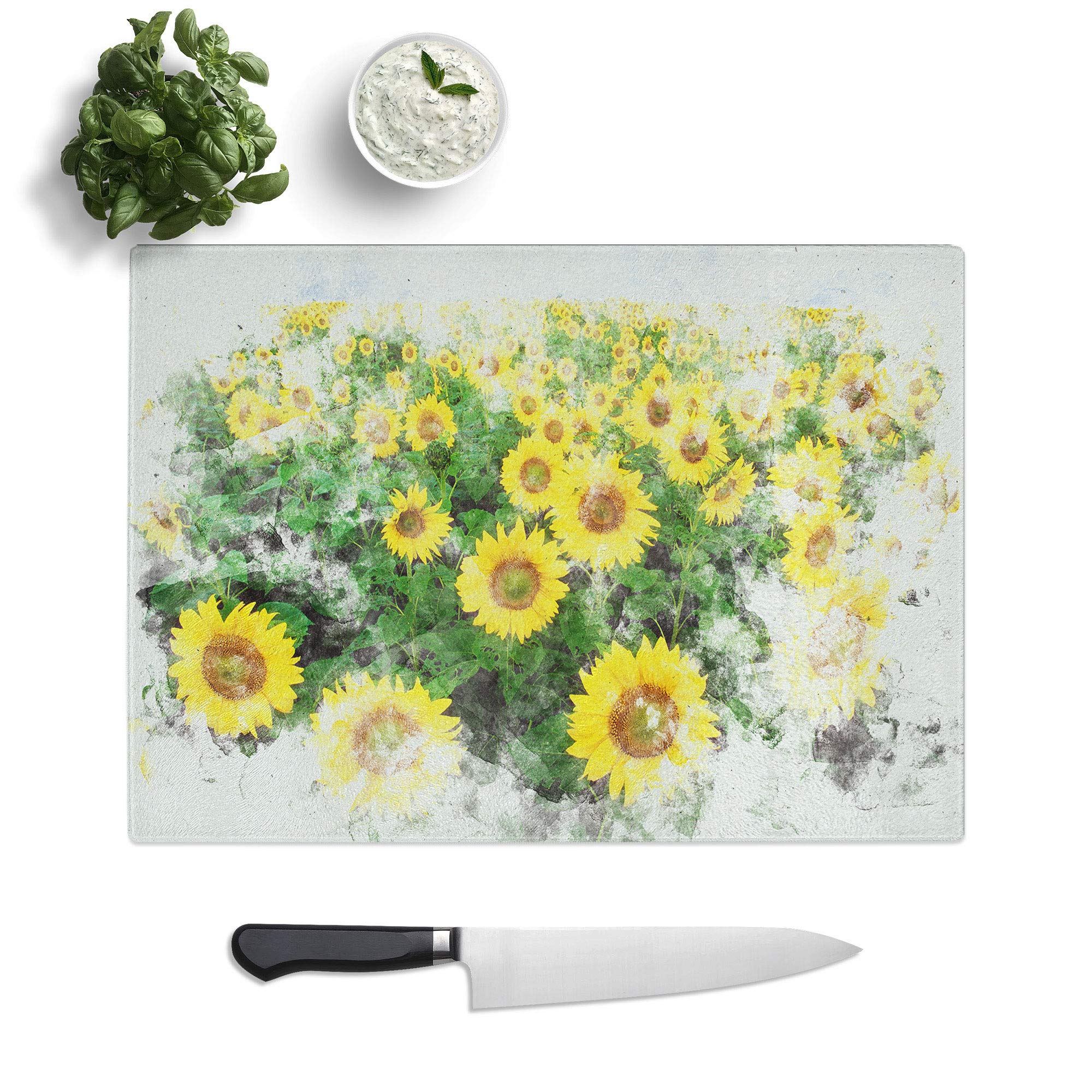 Glass Chopping Board - Yellow Sunflower Meadow Watercolour - Textured Worktop Saver Cutting Board - Heat Resistant, Shatterproof and Hygenic - 39 x 28.5 cm