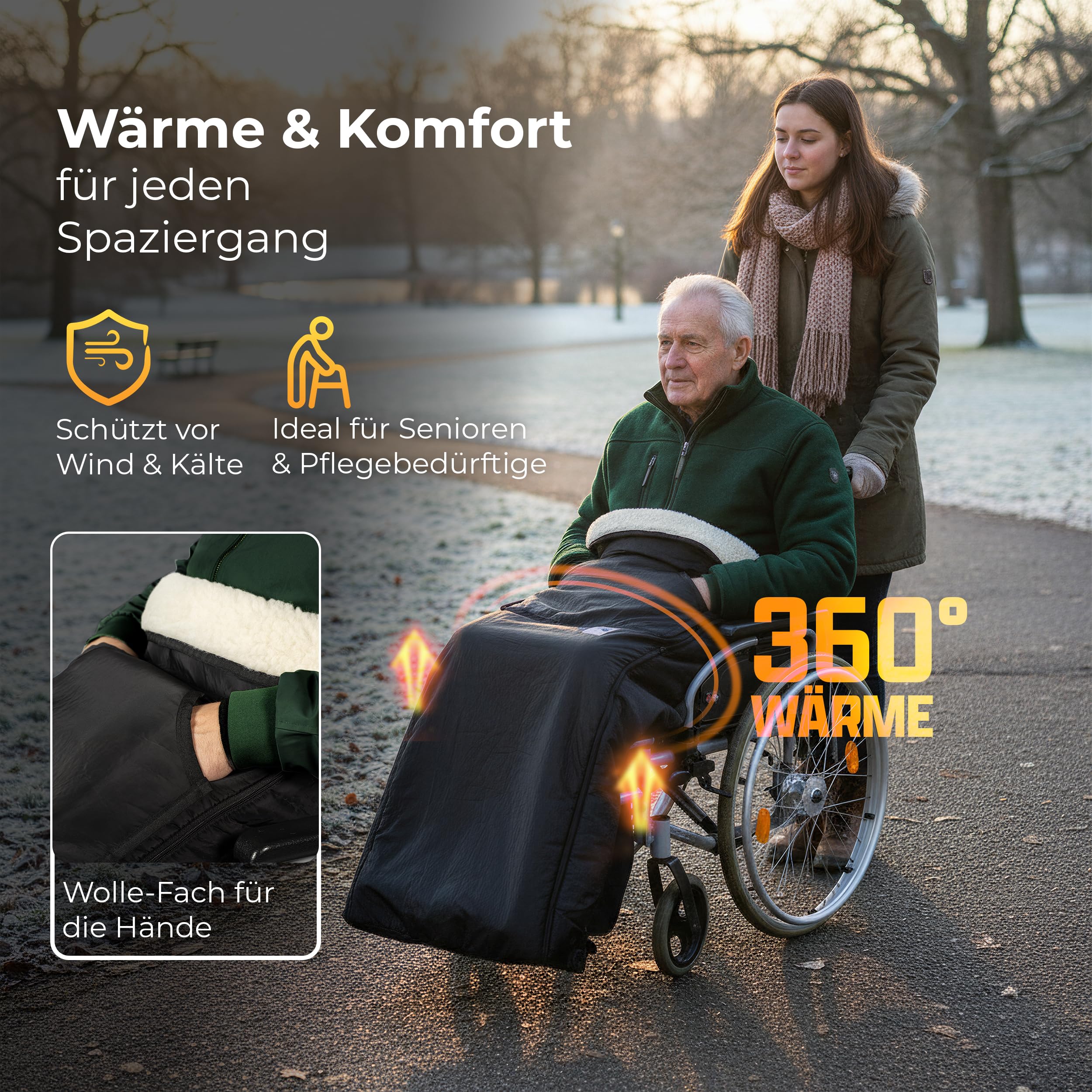 NOVALIV Worek na wózek inwalidzki z żywej wełny, rozmiar 1 – śpiwór na wózek inwalidzki zimowy ze 100% żywej wełny – wodoodporny śpiwór, obwód ok. 146 cm, długość 150 cm, ciepły śpiwór na nogi dla