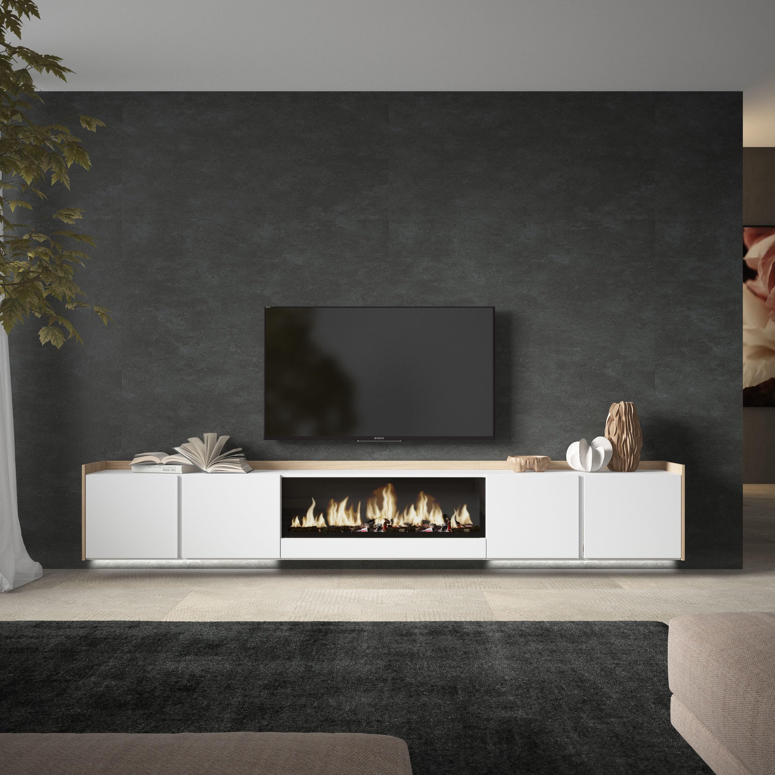 Skraut Home | Mueble TV | Muebles de salón, almacenaje | 315x50x35 cm | para televisión hasta 80" | Chimenea eléctrica XXL | Colgado, Suspendido | LED | Estilo Moderno | Blanco y Roble Soft