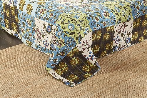Miniatura 5 de Tache Home Fashion Colcha de algodón hawaiano con diseño floral de retazos Bosque perdido Juego de colcha ligera reversible de verano azul, verde,