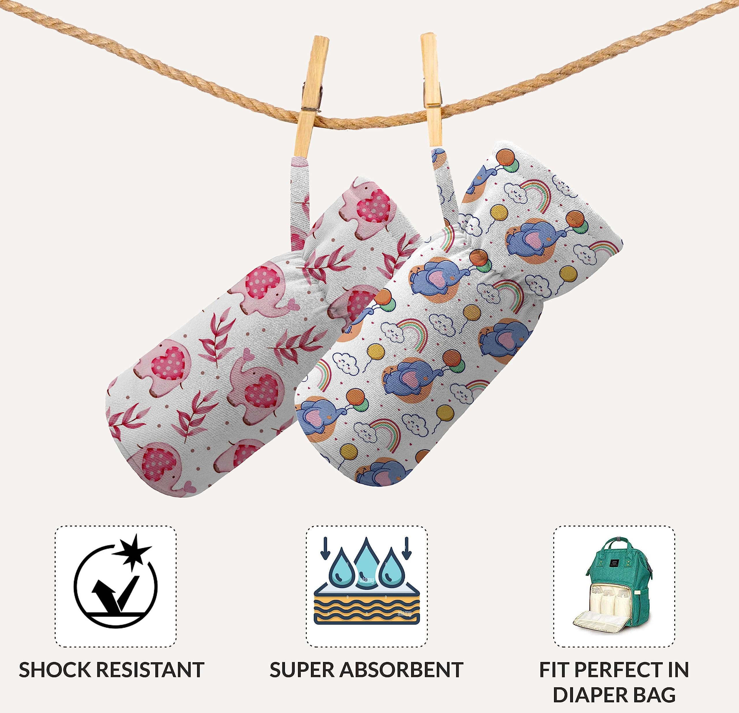 Novo Baby Cotton Soft Plush Baby Bottle Feeding Cover Tote Modern Bag Carrier Bag Bottle Cover with Strap Pack of 2 (Cute) 3
